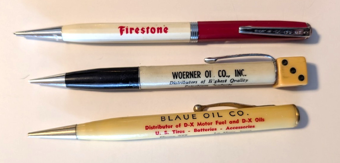 Vintage Firestone, Blaue & Woerner Oil Companies Advertising Mechanical Pencils