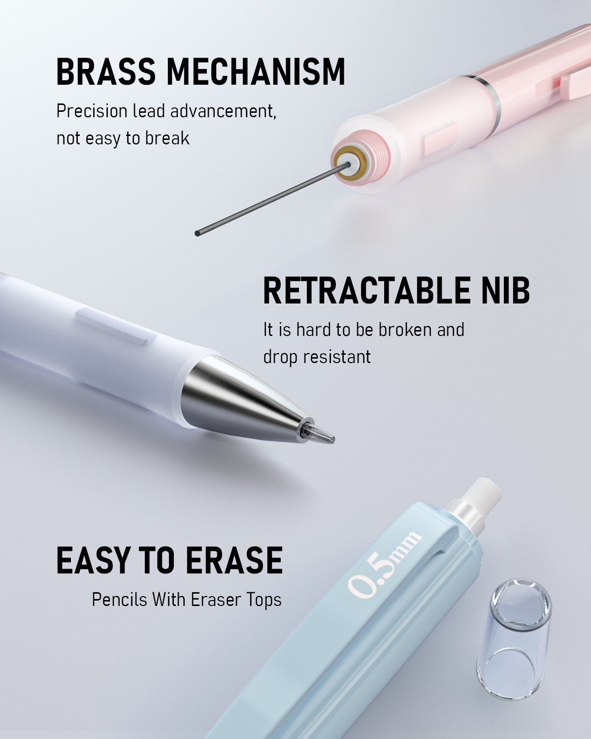 Nicpro 3Pcs Pastel 0.5mm Pencil Set + Case, 6 HB Refills, 12 Erasers, School Art