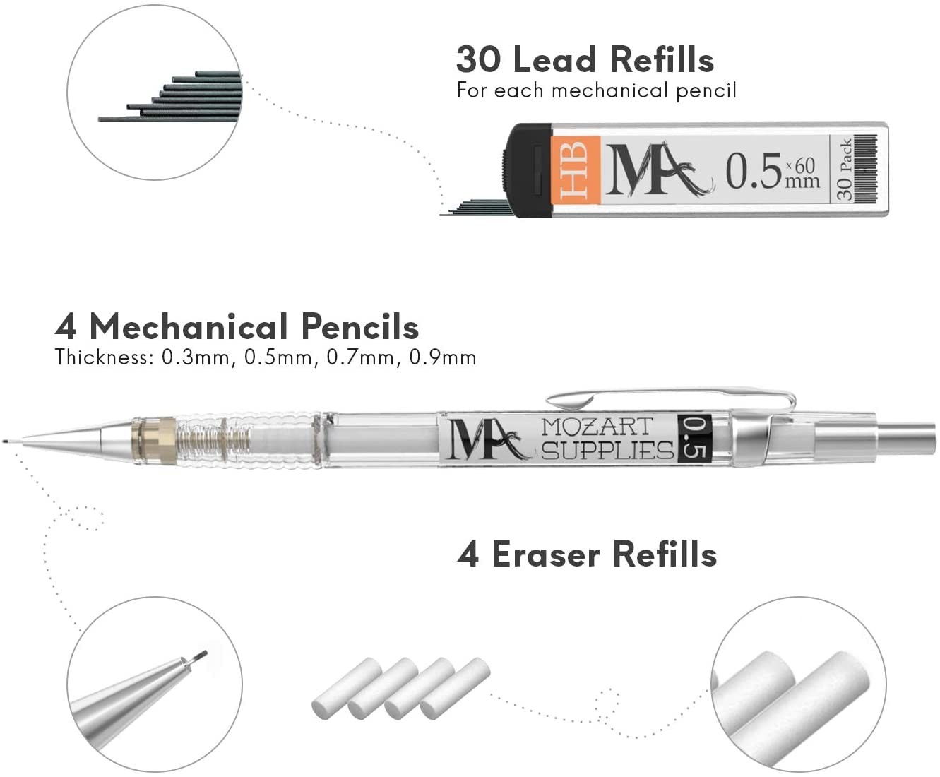MozArt Mechanical Pencil Set with Case – 4 Sizes 0.3, 0.5, 0.7 0.9mm with 30…