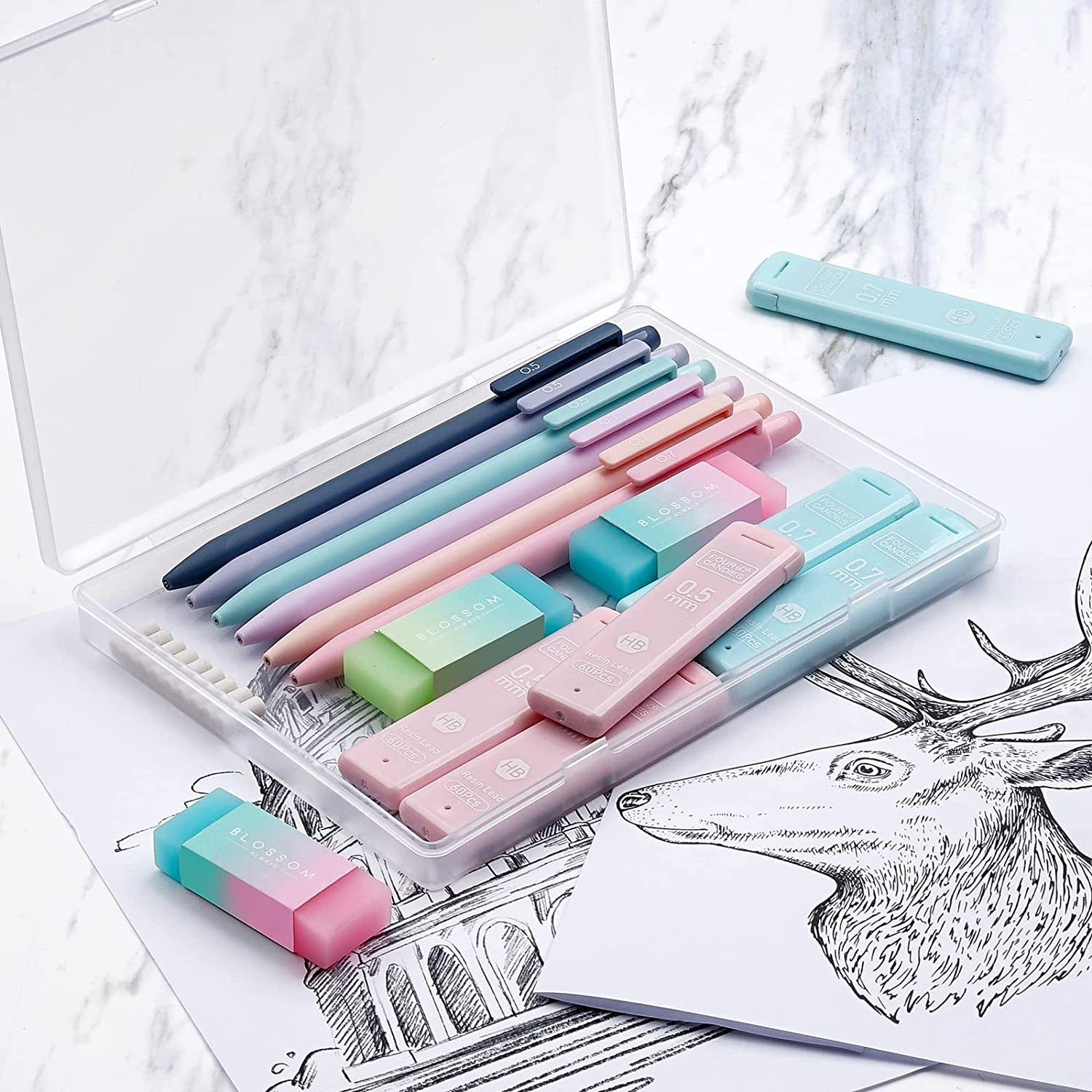 Cute Mechanical Pencil Set, 6PCS Pastel Mechanical Pencils 0.5 & 0.7Mm with 360P