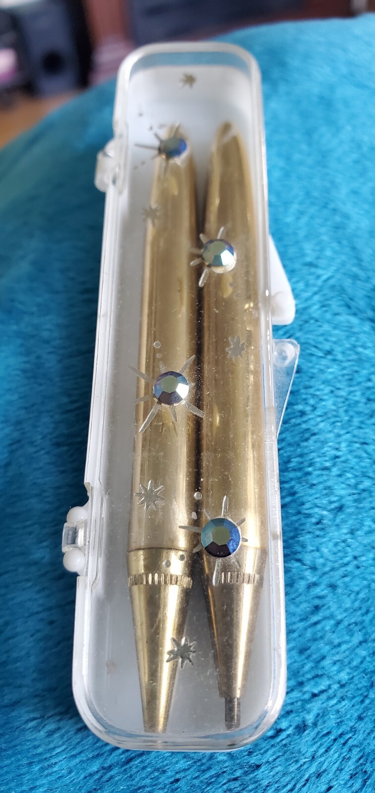 Vintage Goldtone Gold Pen Pencil Set with Blue Rhinestone Case Small 3″ MCM