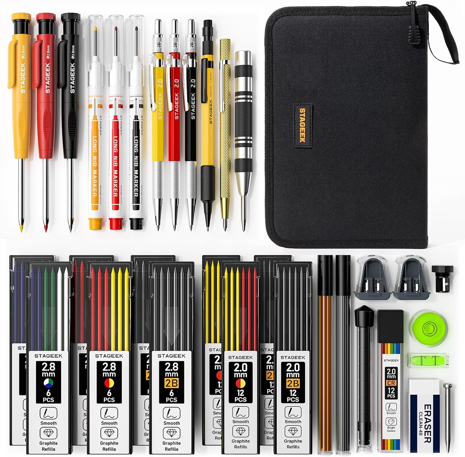 34PCS Carpenter Pencils with Sharpener Mechanical Pencil Set with Deep Hole