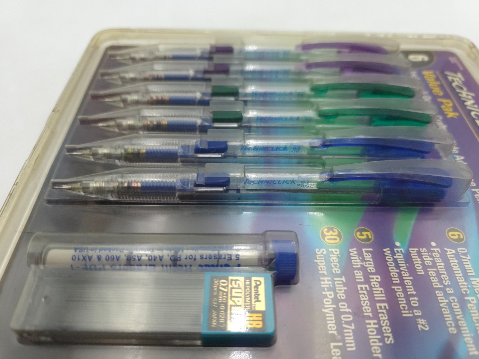 Pentel Techniclick 0.7mm Mechanical Pencils PD107TCPC8 Lead Erasers 6 Pack New