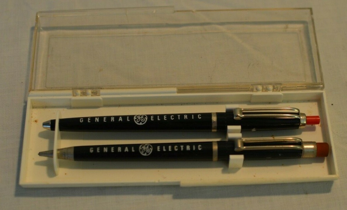 Vintage General Electric~GE~company Pen set~w/ case~Mechanical Pencil~Ballpoint