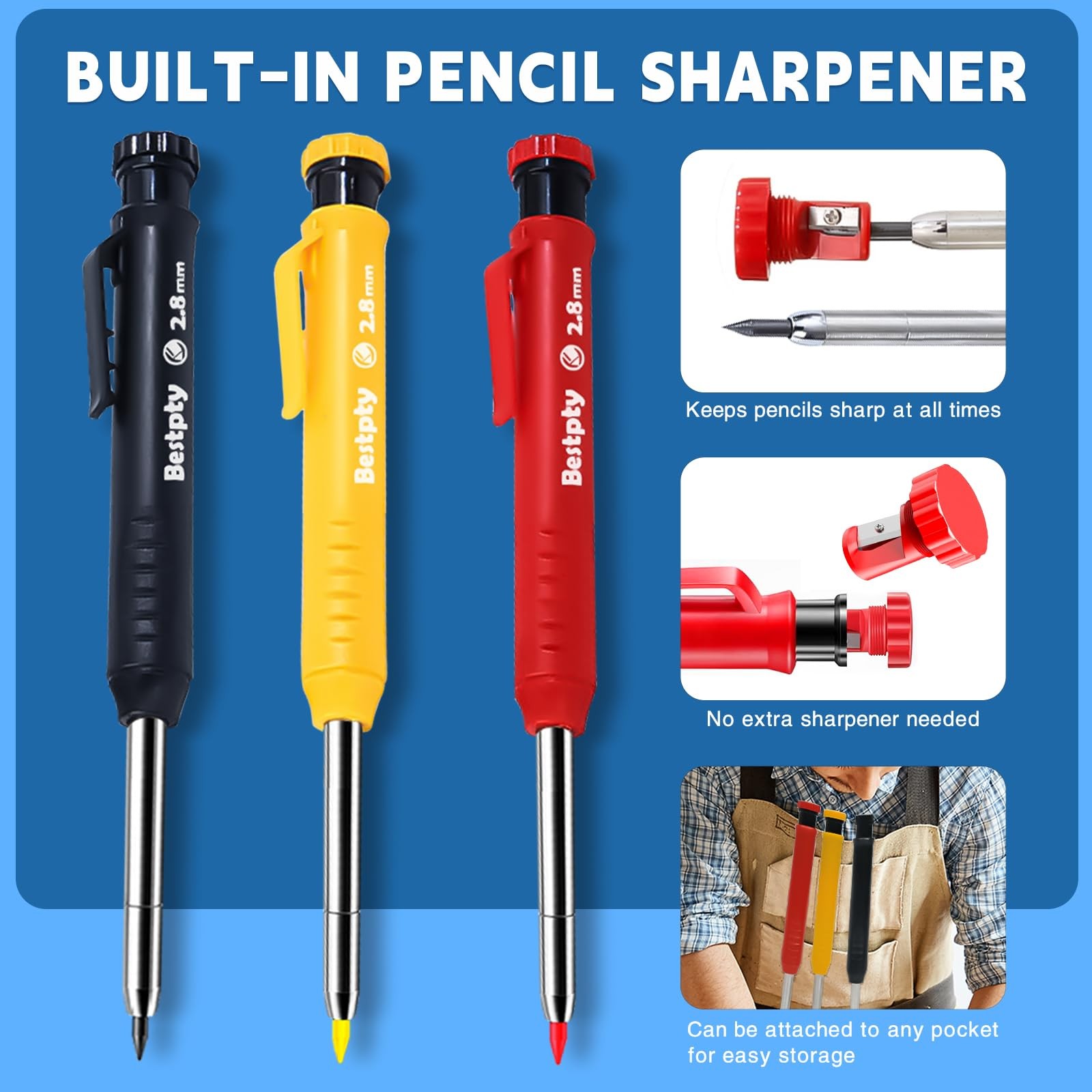 3PCS Carpenter Pencil with Sharpener,Mechanical Carpenter Pencil Set with 39 …