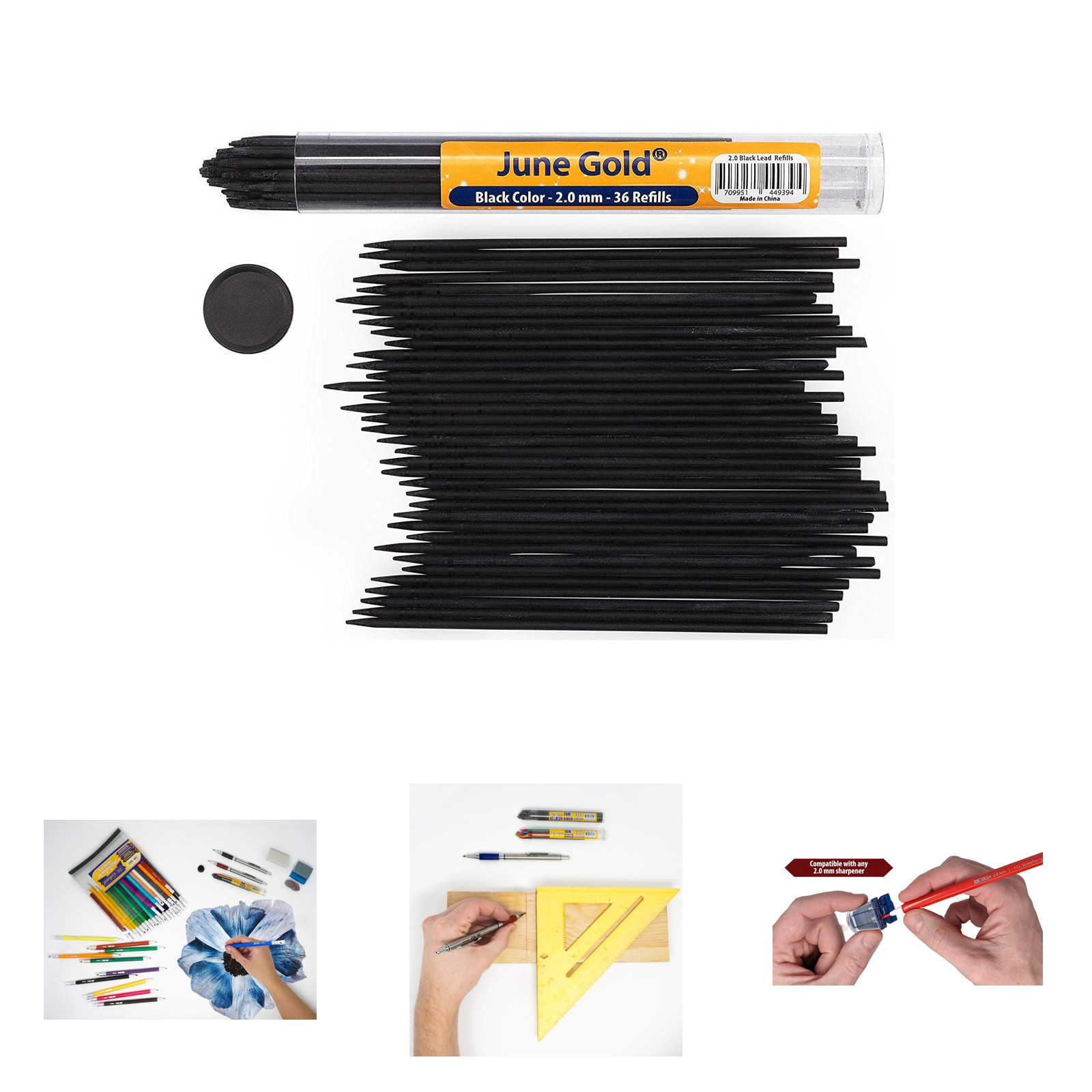 Black 36 Lead Refills 2.0 mm Heavy Duty Smudge Resistant Break Proof Compatible