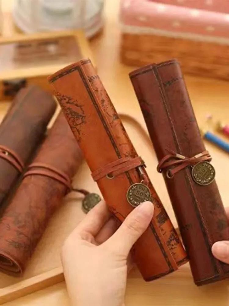 1pc Creative Treasure Map Retro Pencil Case Leather Large Capacity Roll Pencil B