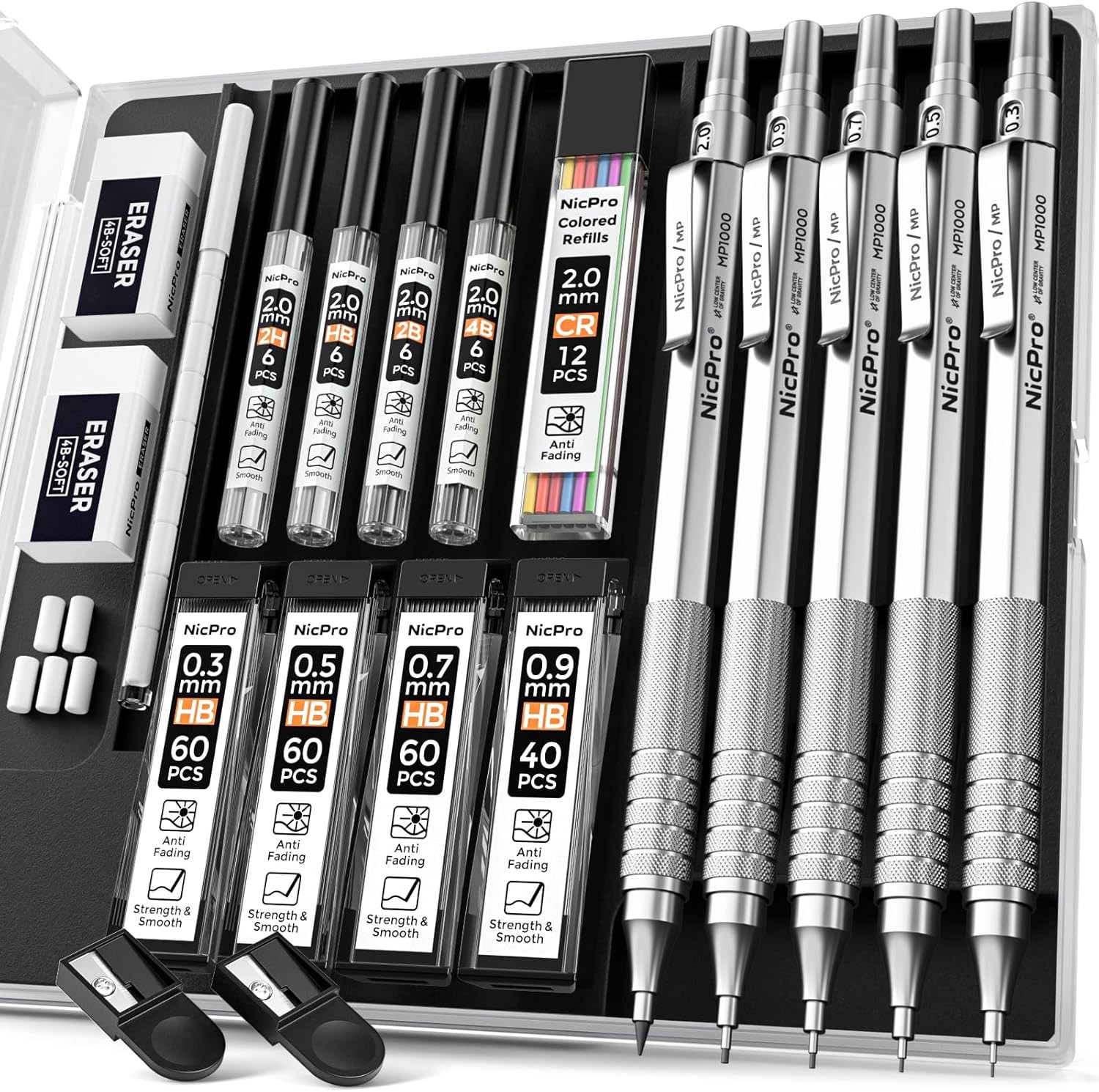 Nicpro Metal Mechanical Pencil Set, 5 PCS Art 1 Count (Pack of 5), Silver