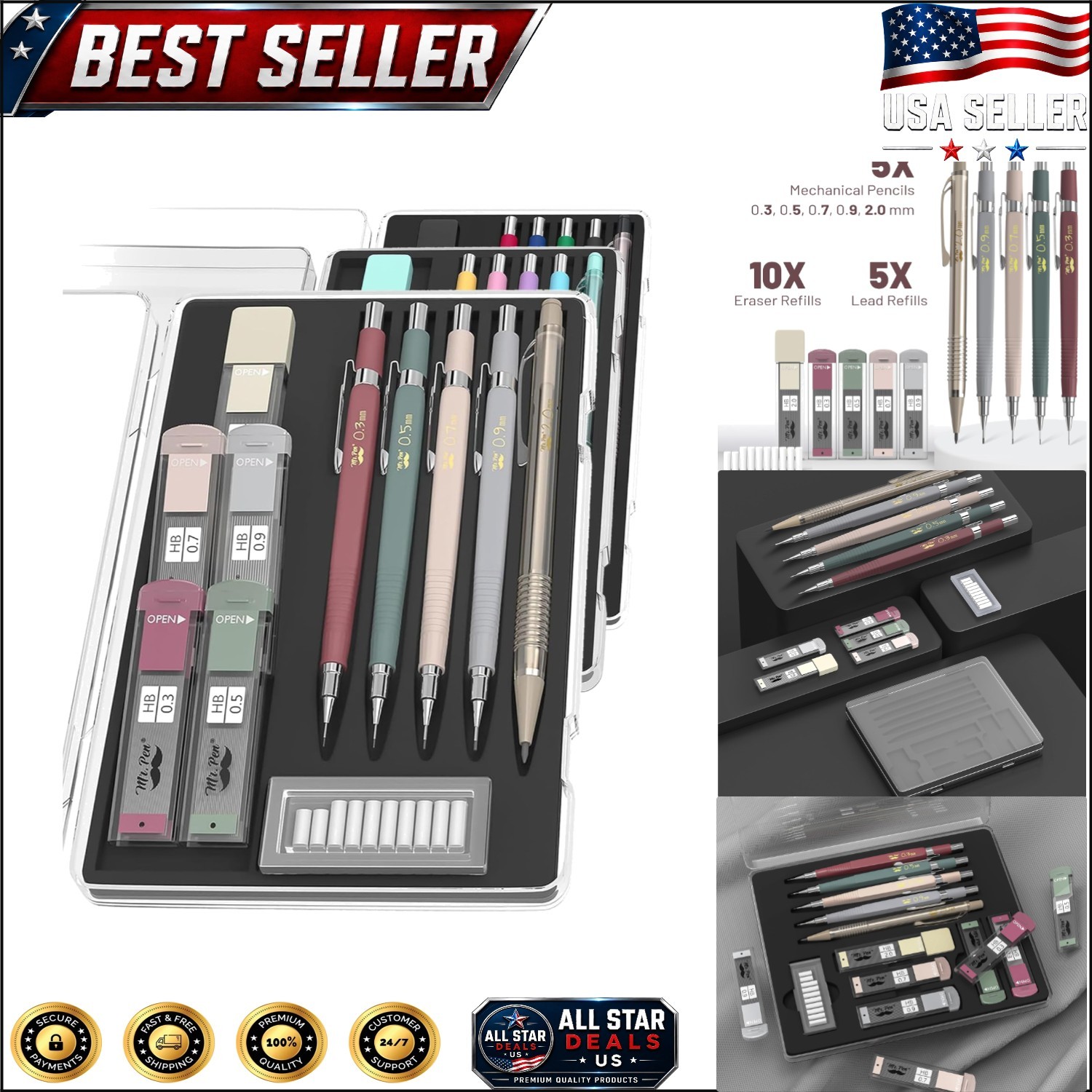 Artisan’s Choice: 5-Sized Mechanical Pencil Set with Refillable Leads & Erasers
