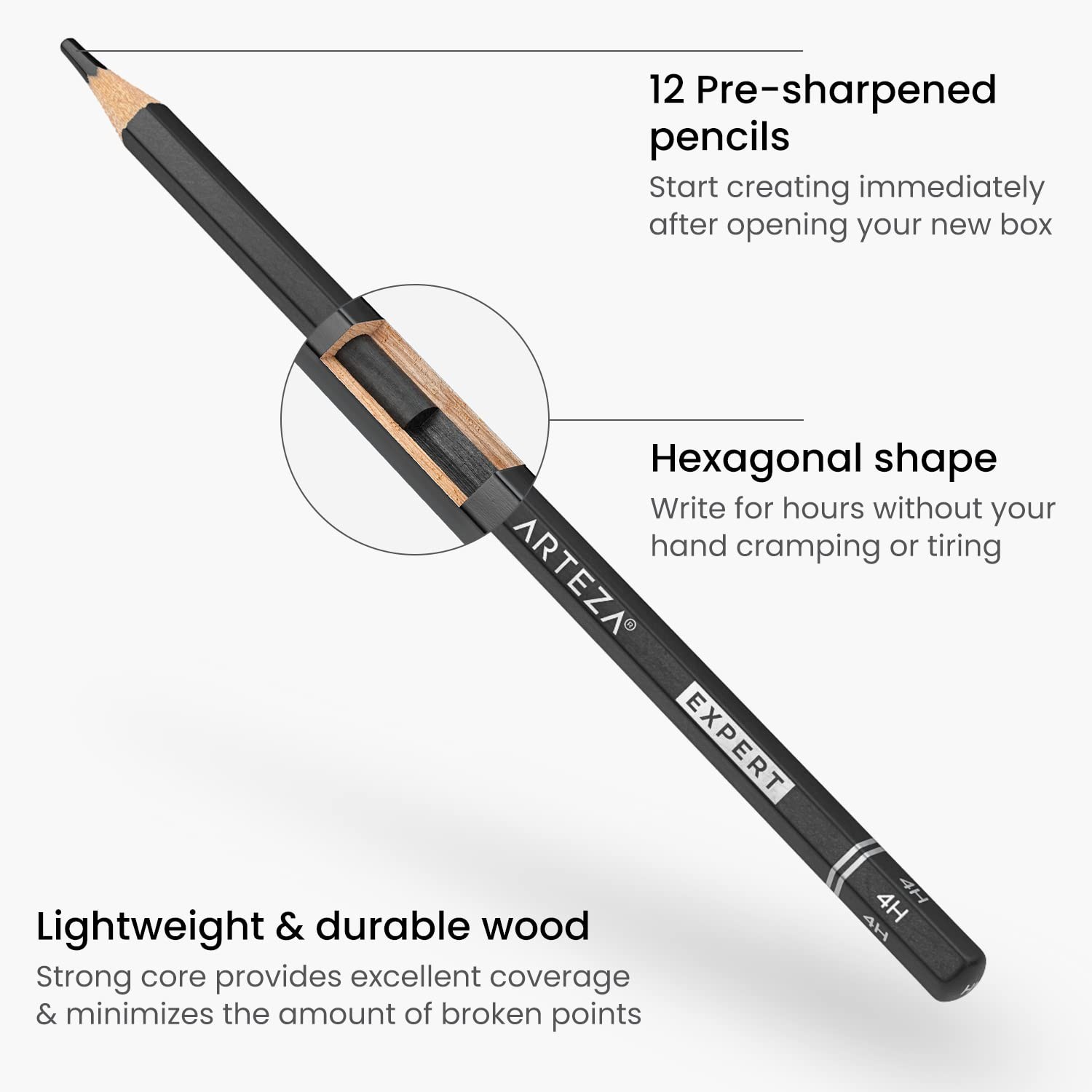 ARTEZA Drawing Sketch Pencils Set of 12, Graphite 1 Count (Pack 12), Black