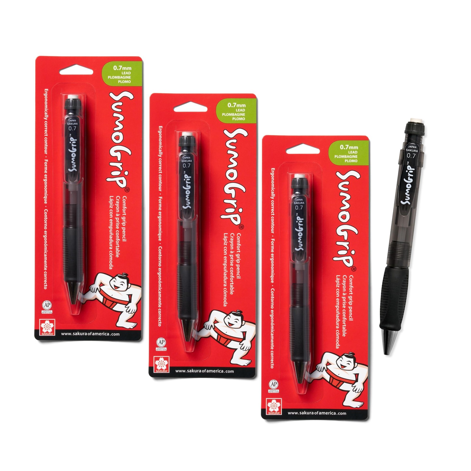 SAKURA SumoGrip Pencil with Comfort Grip – 0.7 mm 1 Count (Pack of 3), Grey