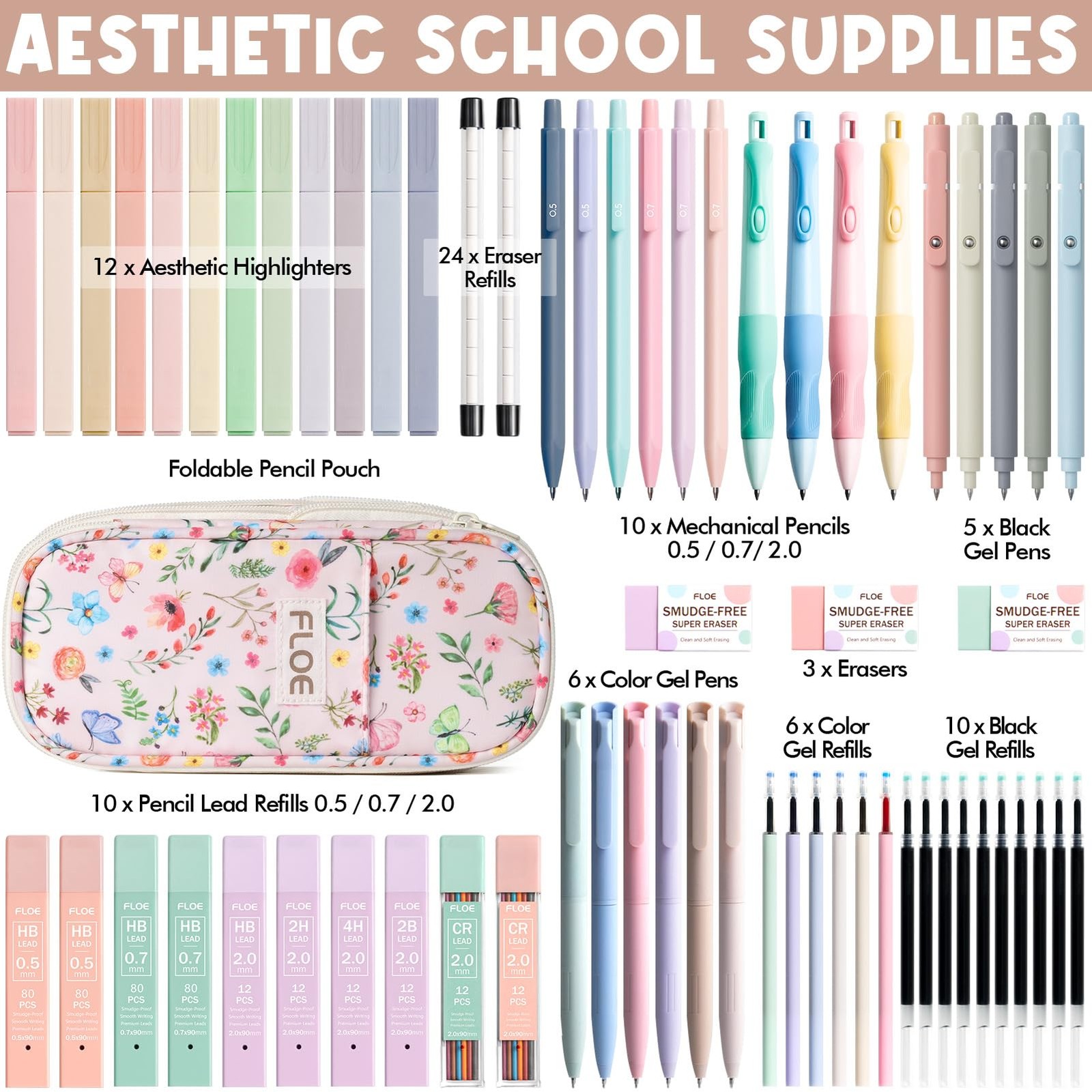 Aesthetic School Supplies 65-Piece Set with Case Highlighters Pens Pencils