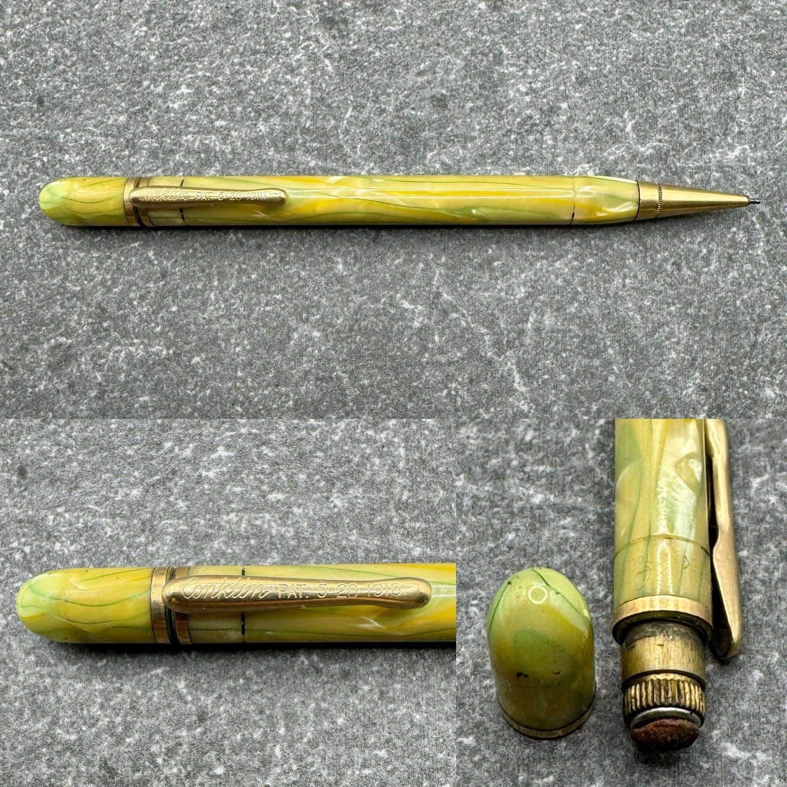 Vintage Conklin Endura Symetrik Green Vein Gold Trim 5-1/8″ Mechanical Pencil