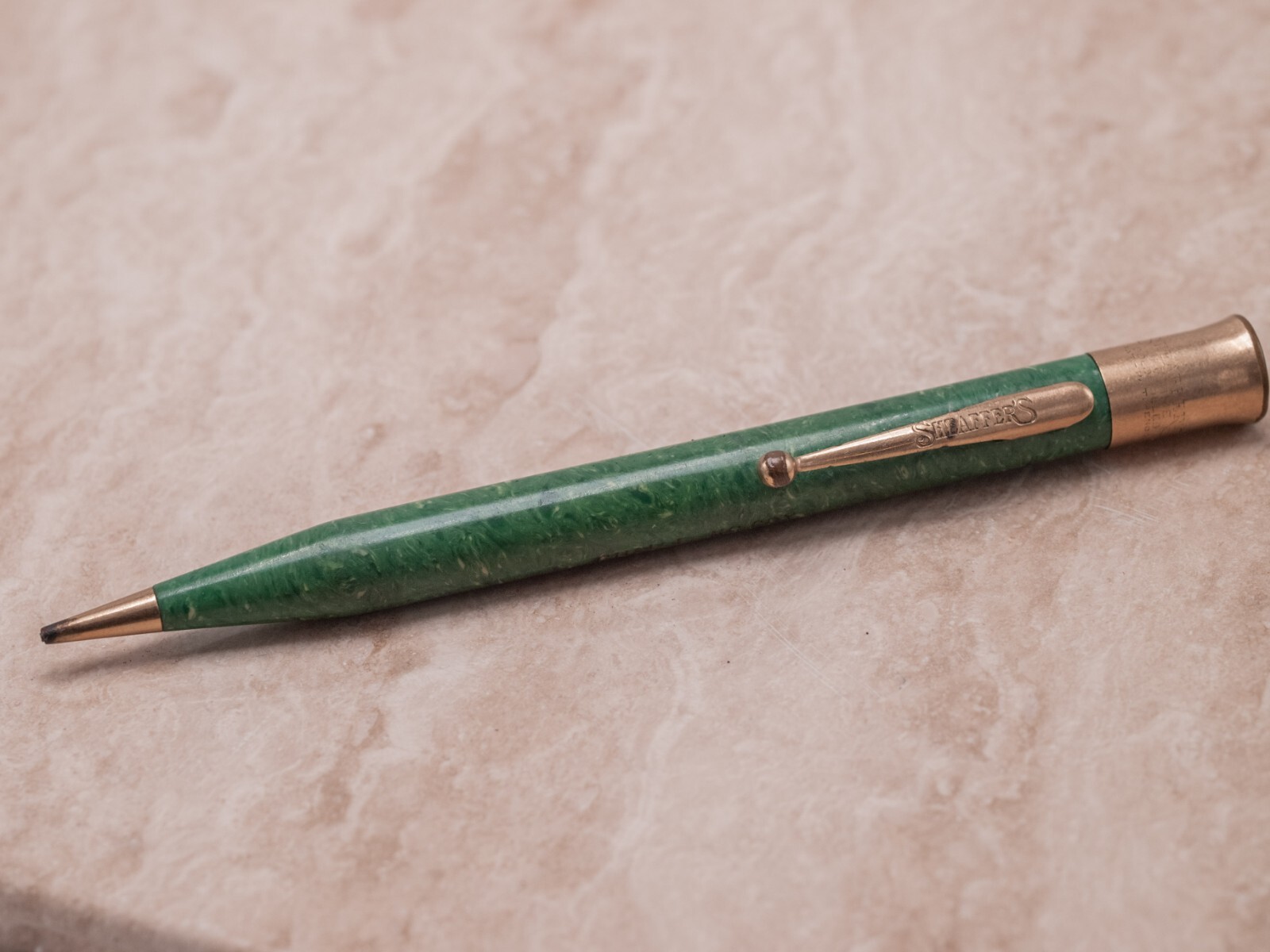1930s Sheaffer’s Lifetime Oversize Green Mechanical Pencil GF Trim 5.25″ x 0.4″