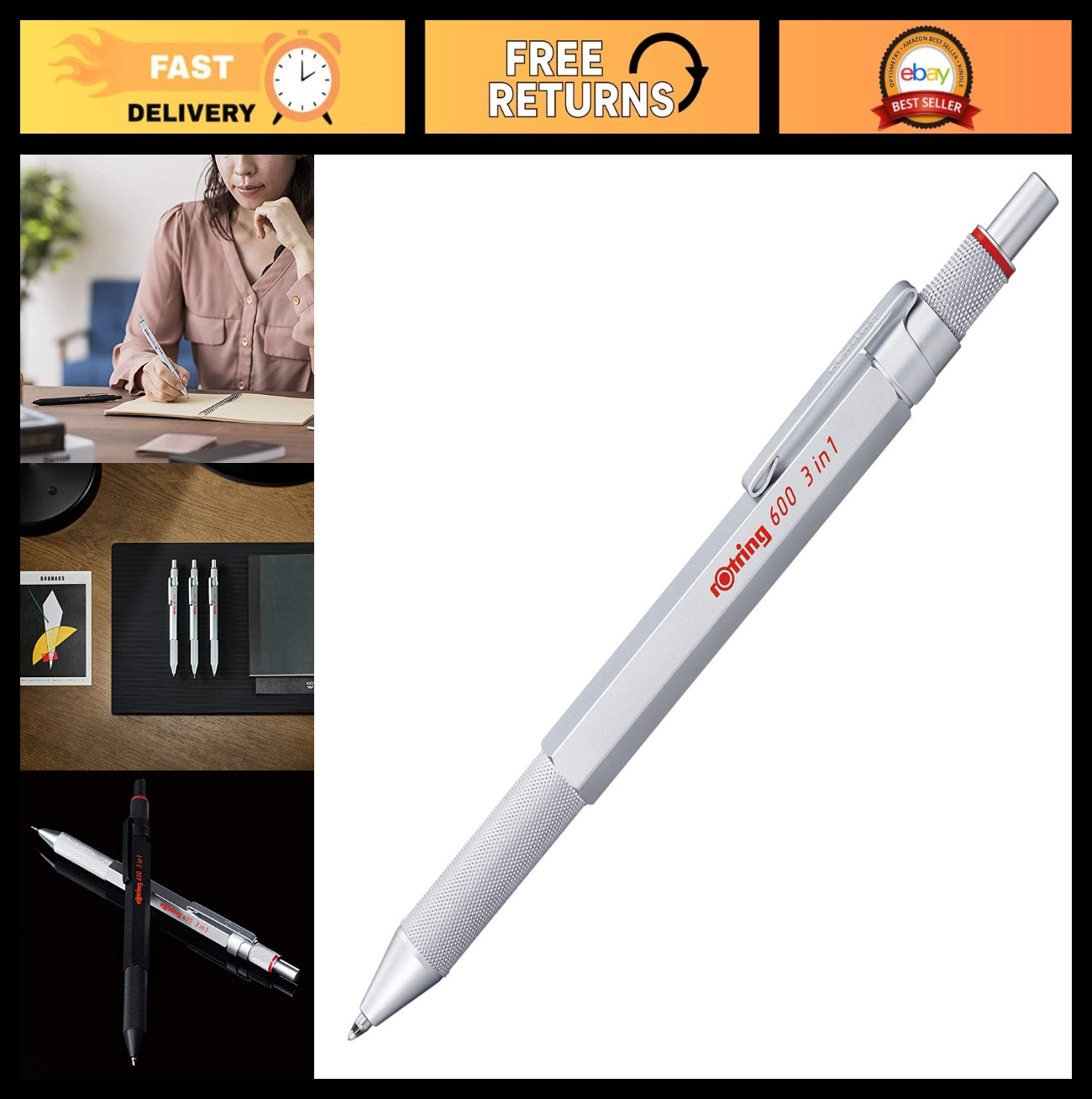 3-in-1 Multicolor Pen & Mechanical Pencil, 2 Ballpoint Tips (Black/Red), 0.5mm P