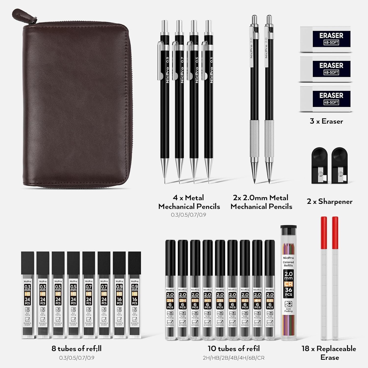 33PCS Metal Mechanical Pencil Set for Artists in an Elegant Leather Case