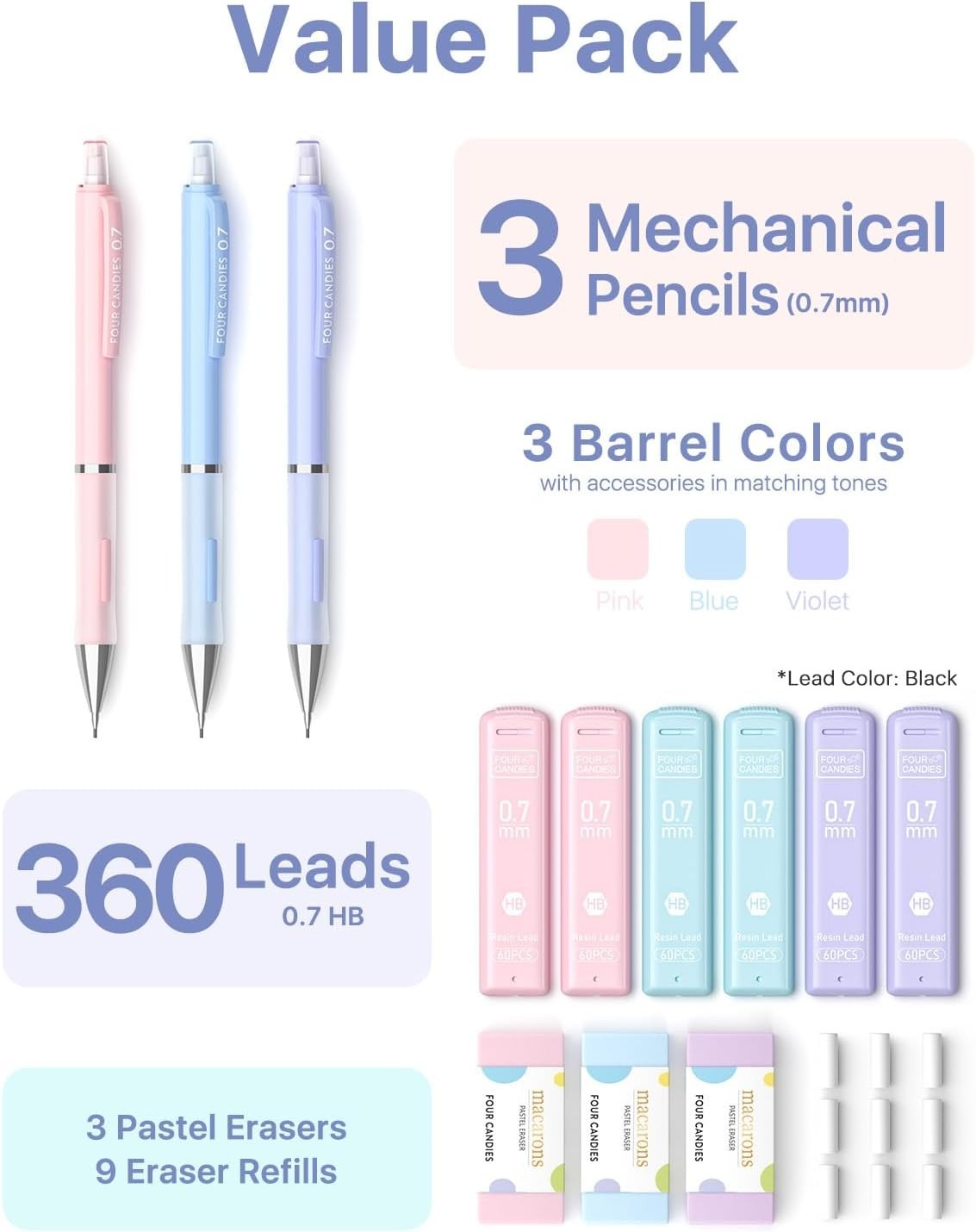Pastel Mechanical Pencil Set: 3-Pack with Erasers & 9 Refills for Easy Writing