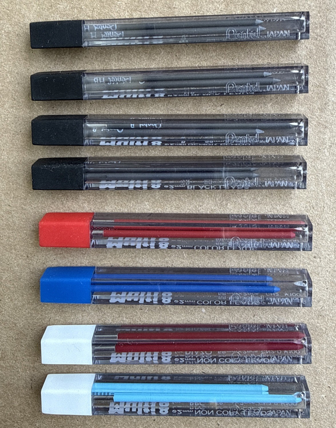 Pentel Multi8 2mm Color Leads 2x58mm LOT of 8 Tubes Refill Black Red Blue