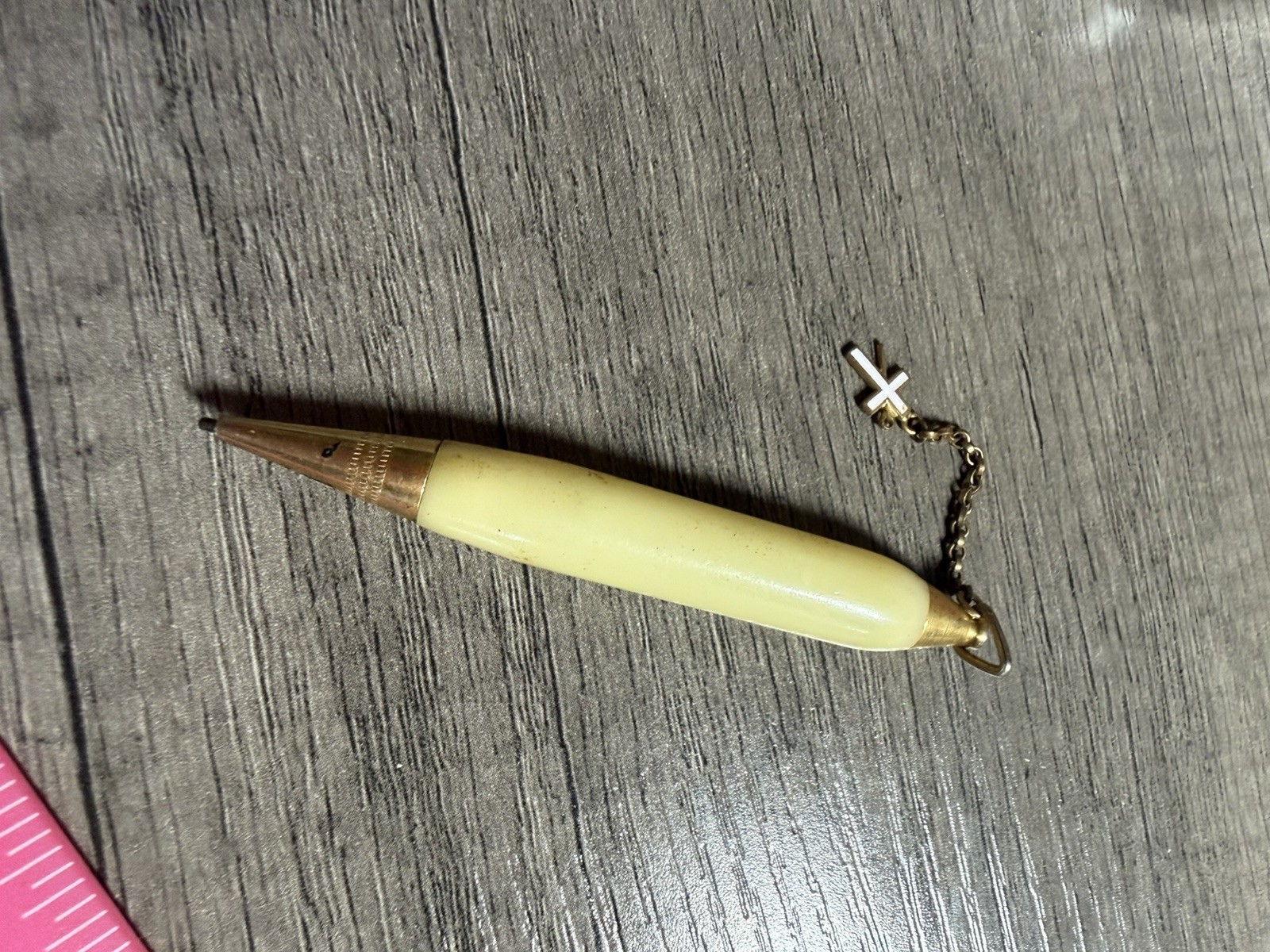 Vintage Celluloid Retractable Mechanical Pencil Christian Cross Charm Gold