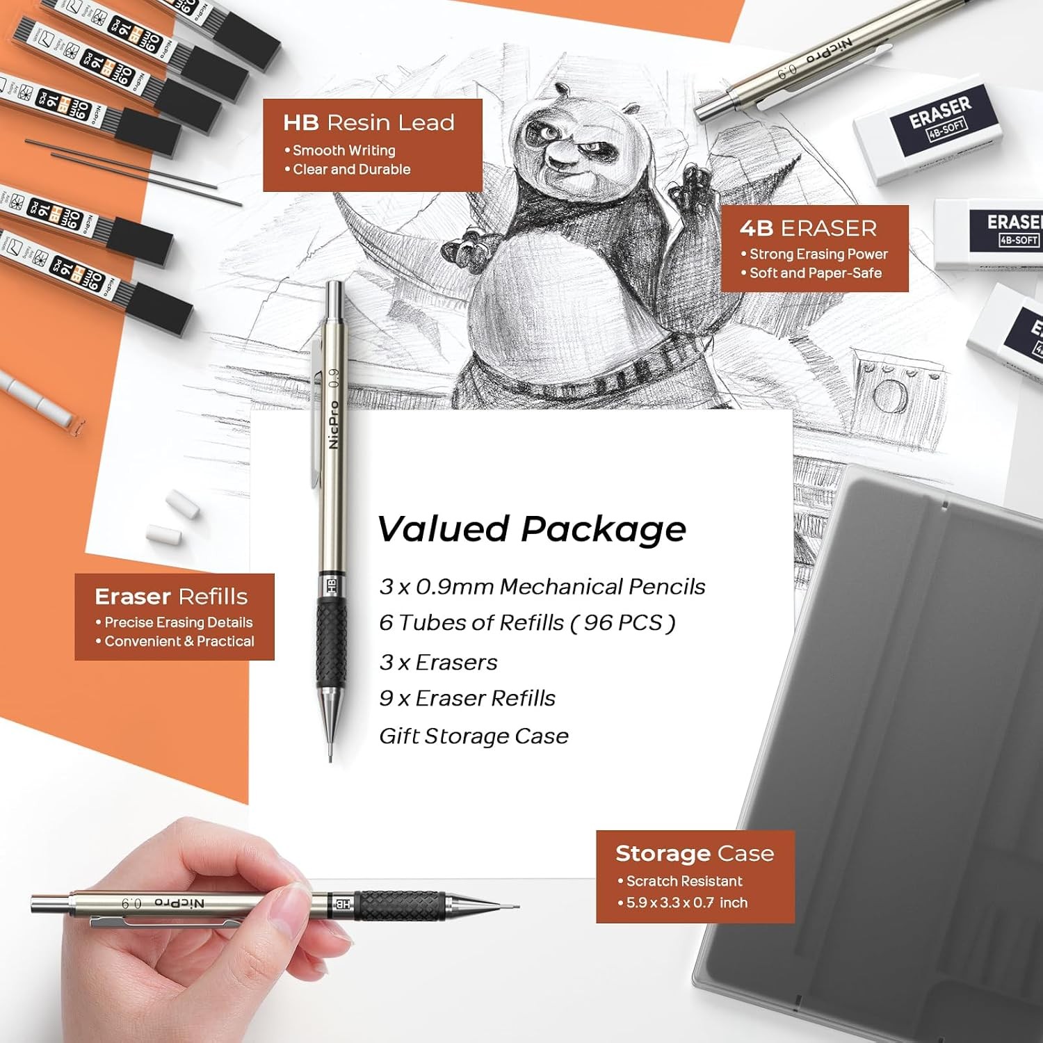 Nicpro 0.9 mm Art Mechanical Pencil Set in Storage Case, 3 PCS | Metal Drafting