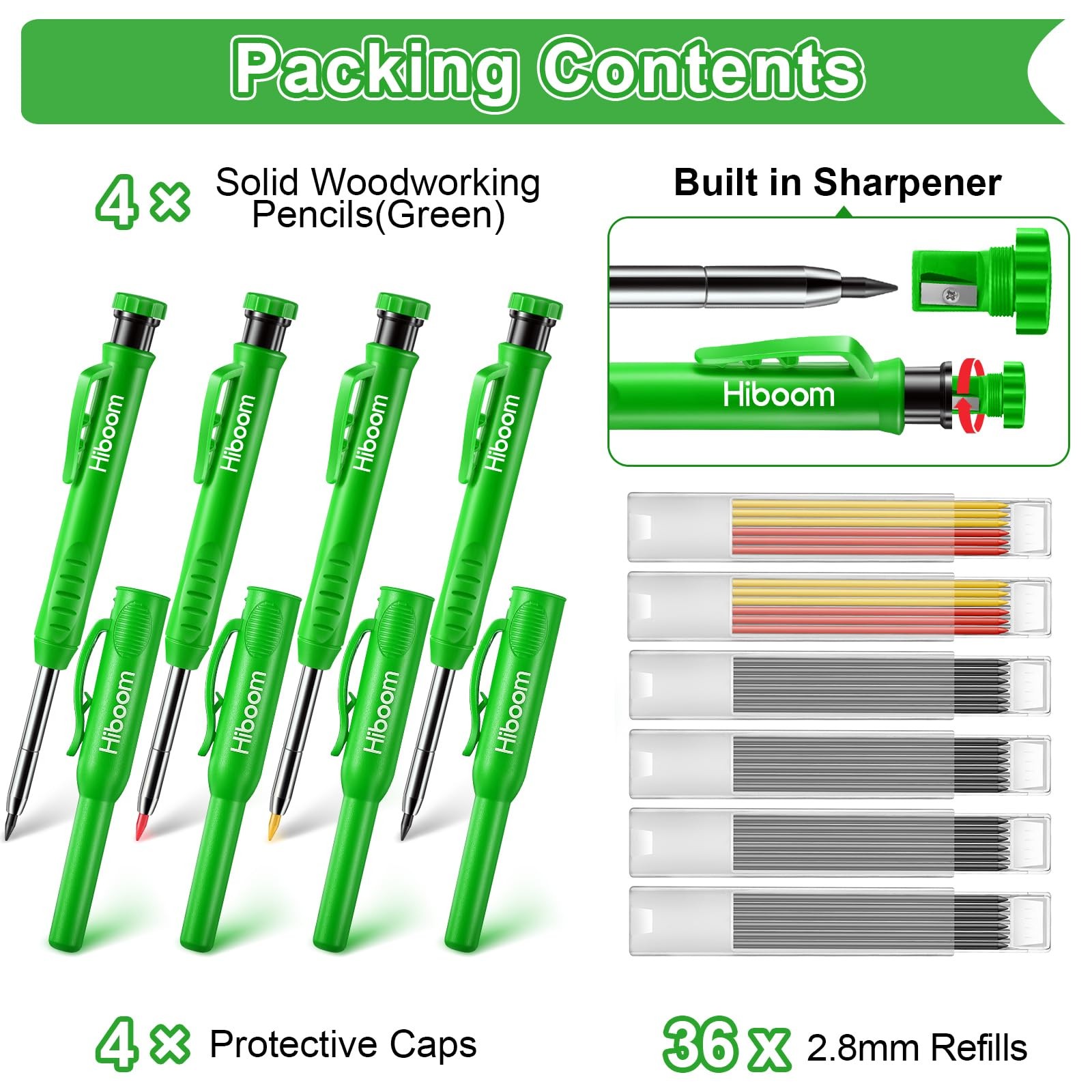Hiboom 4 Pack Carpenter Pencils with 36 Refills (Red, Black, Yellow), Green