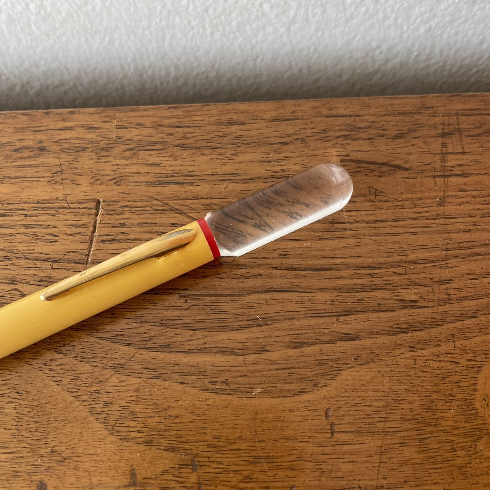 Vintage Mechanical Pencil Yellow & Red Plastic, Clear Lucite, Eraser, 6-1/4″ MCM