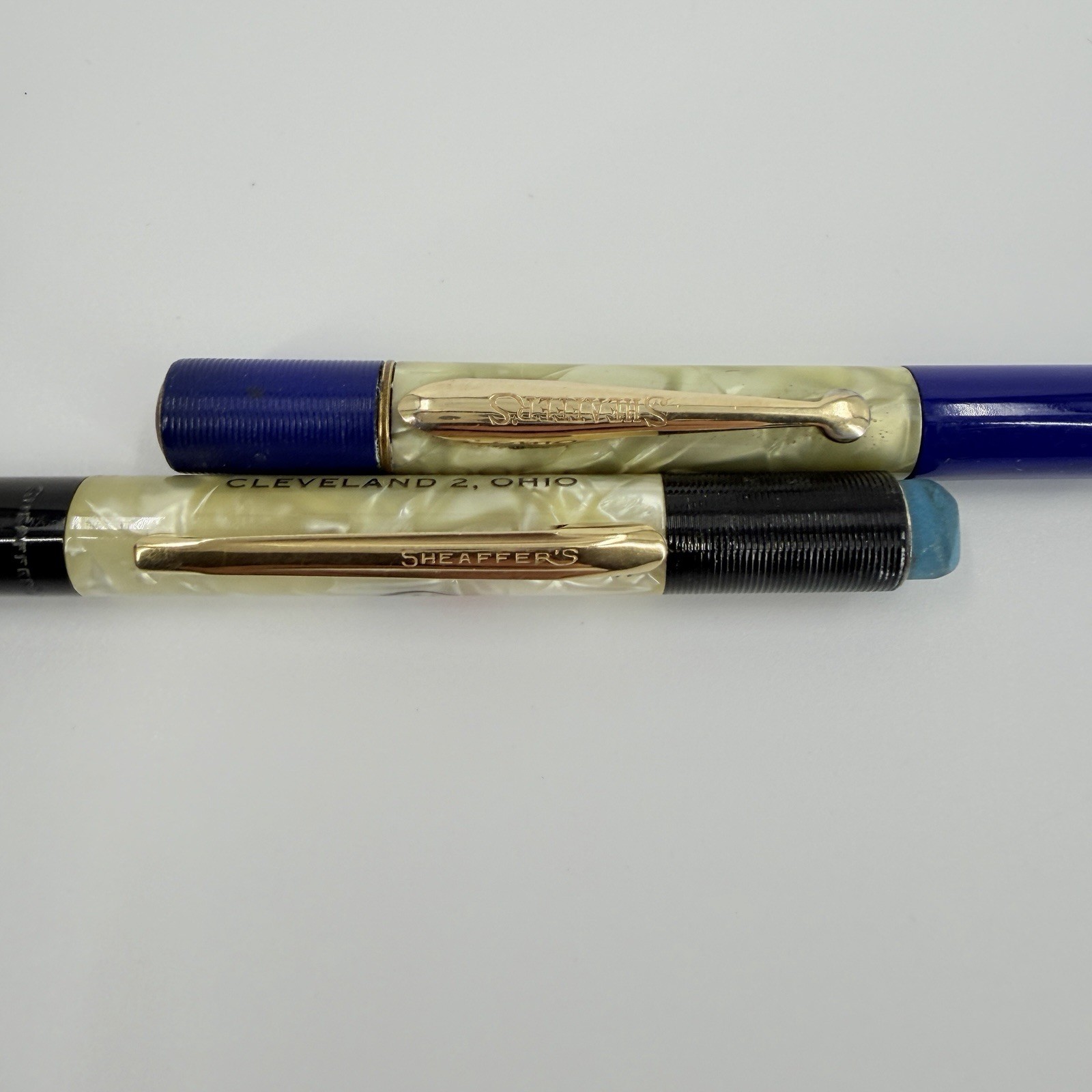 Vintage SHEAFFER’S Pearl Marbled Blue, Black Gold Clip Mechanical Pencils ￼