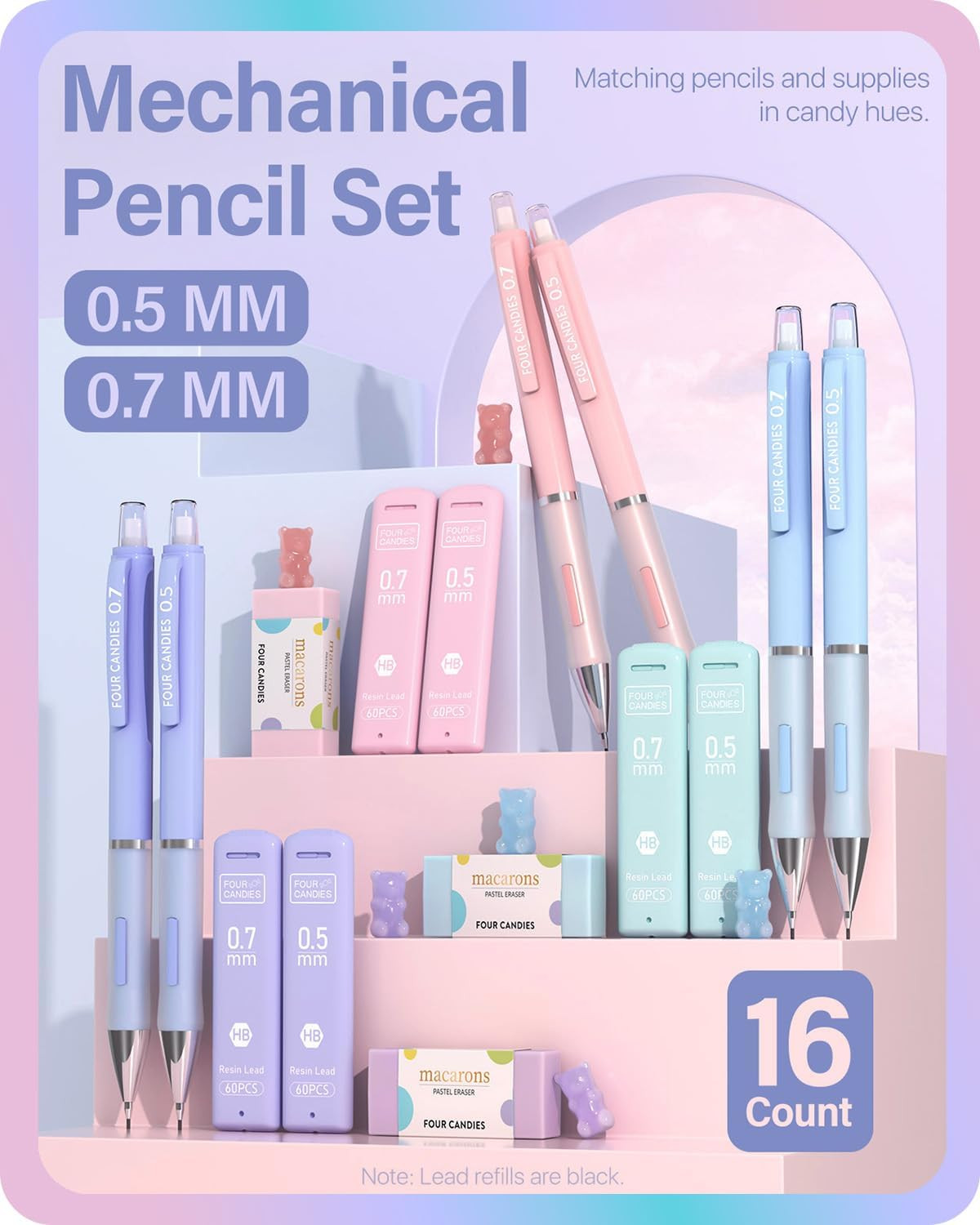 Pastel Mechanical Pencil Set – 6PCS 0.5 Mm & 0.7Mm Pencils with 360PCS HB #2 Lea