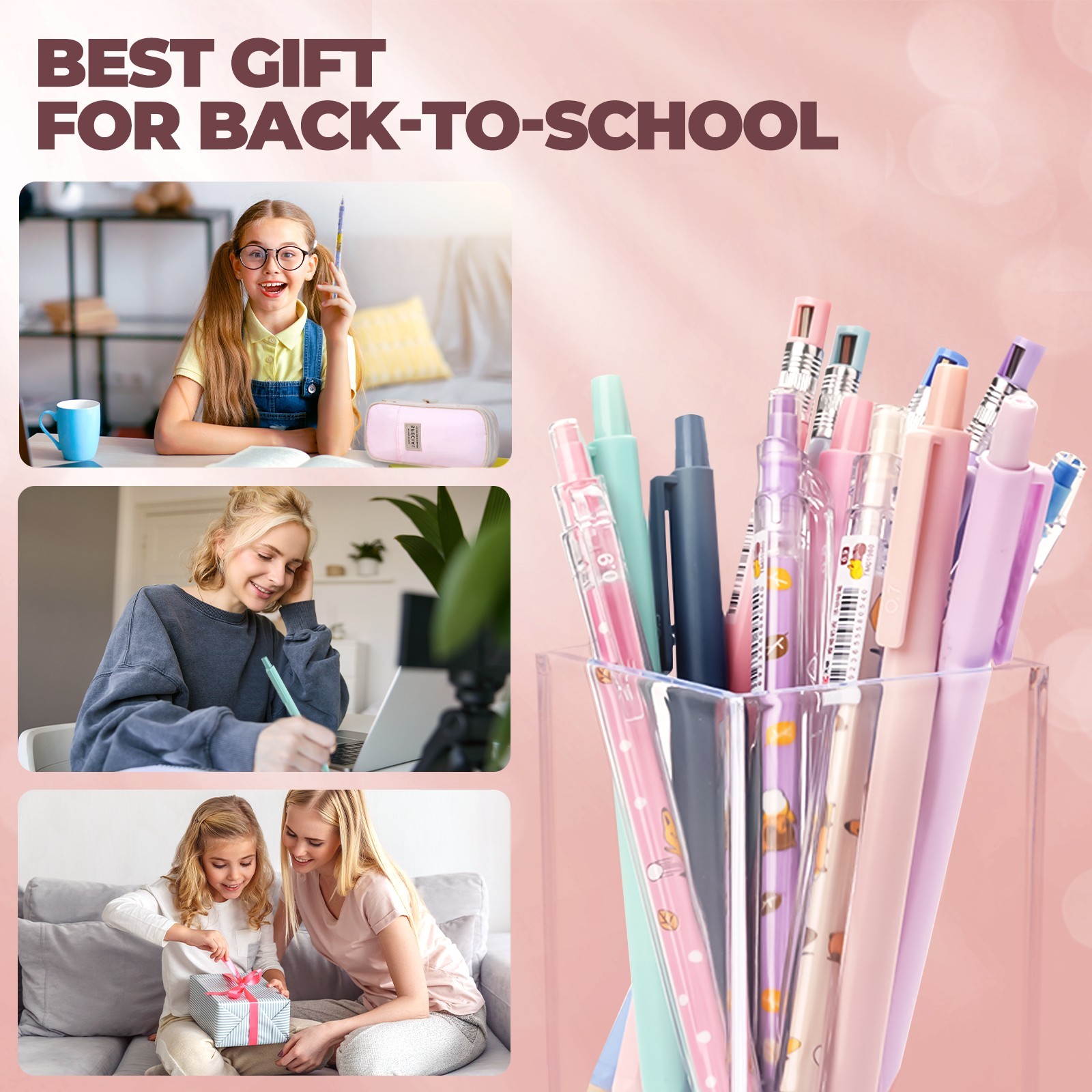 Nicpro 45PCS Aesthetic School Supplies, Pink Case, Pastel Pencils 0.5-2mm