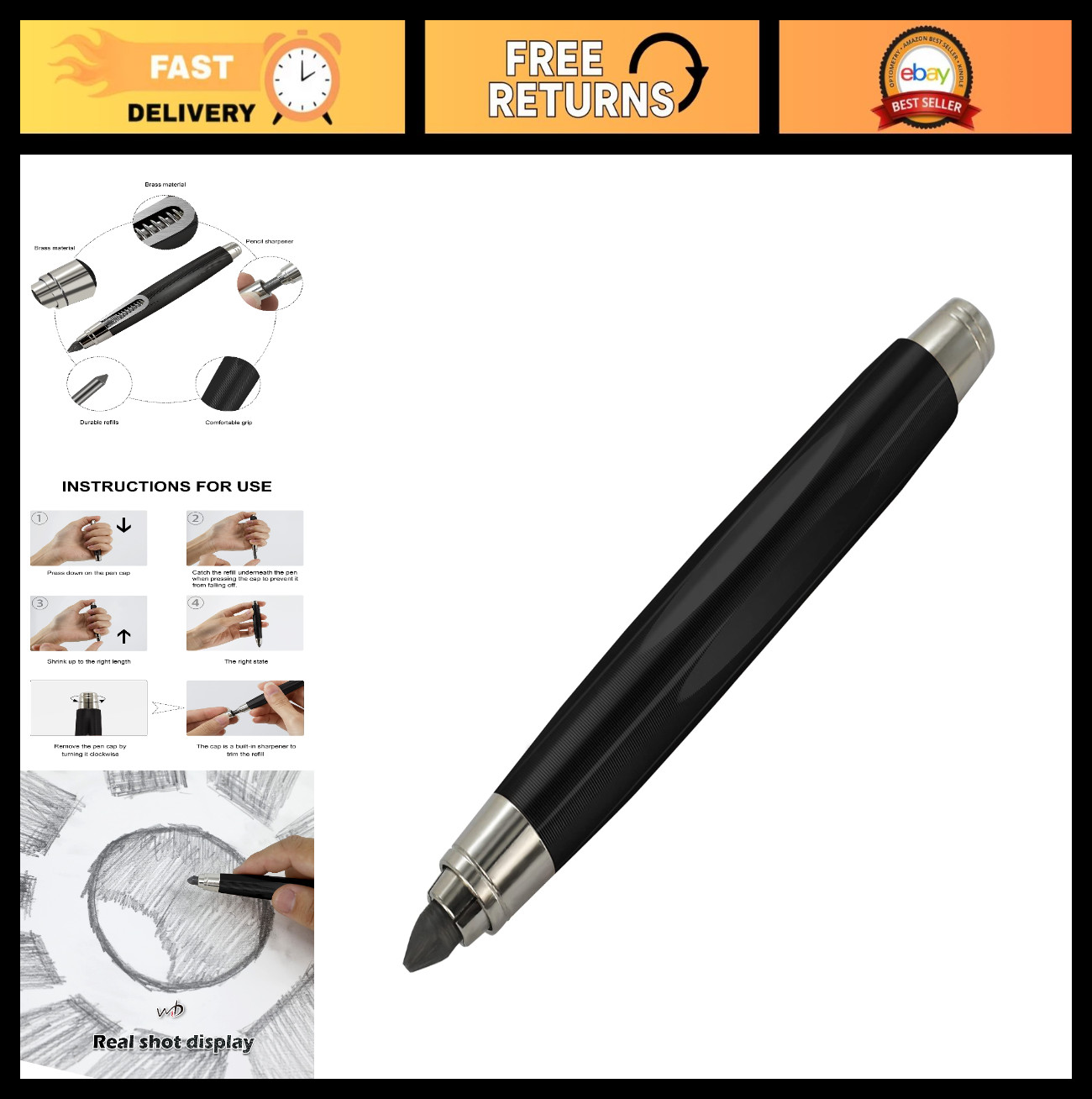 5.6mm Mechanical Pencil with Built-in Sharpener, Clutch Design, Black Color