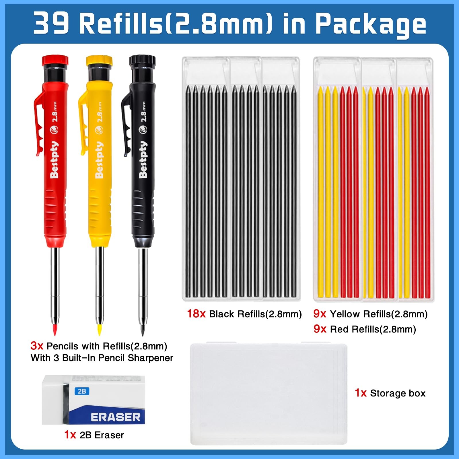 3PCS Carpenter Pencil with Sharpener,Mechanical Carpenter Pencil Set with 39 …