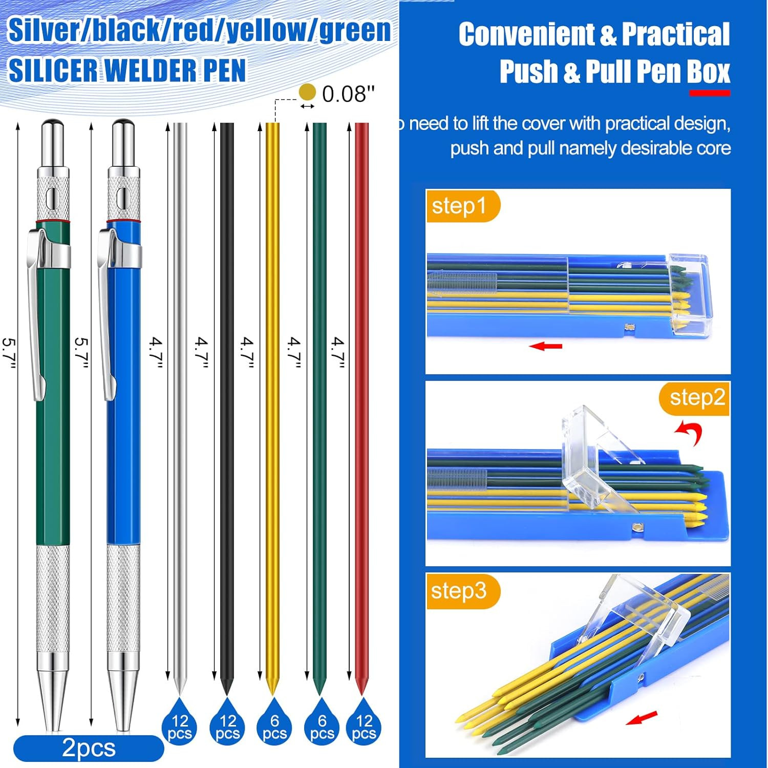2 Pcs Welders Pencil with 48 PCS Round Refills Mechanical Pencils Metal Welding