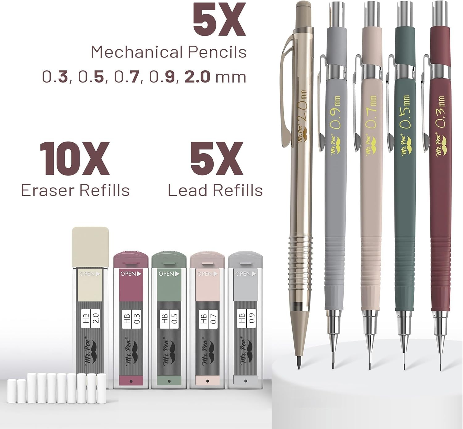 Vintage Mechanical Pencil Set 5 Sizes with Leads Erasers for Drawing & Drafting