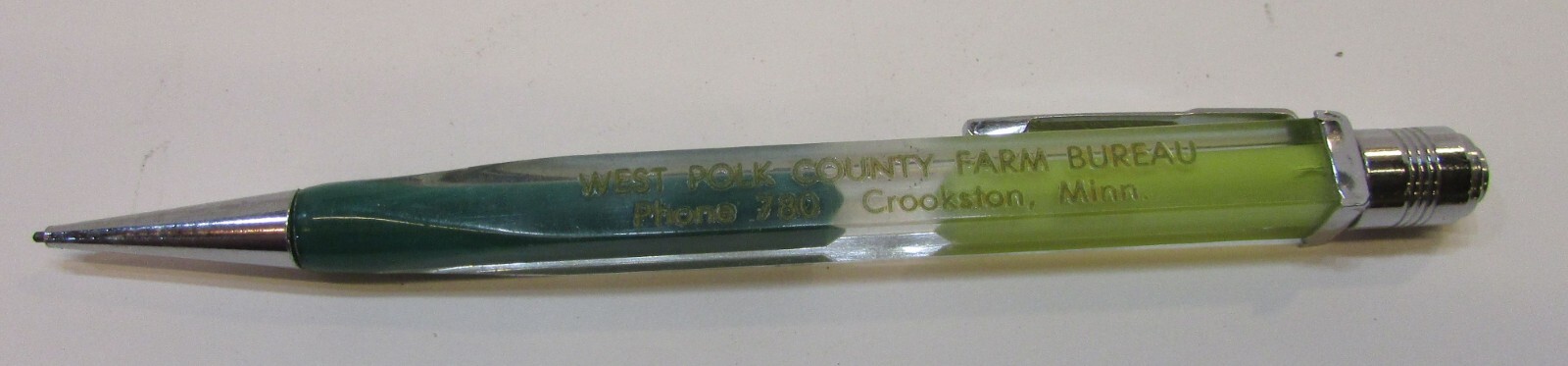 50’s Square Clear Acrylic Barrel Mechanical Pencil Polk Farm Bureau Crookston MN
