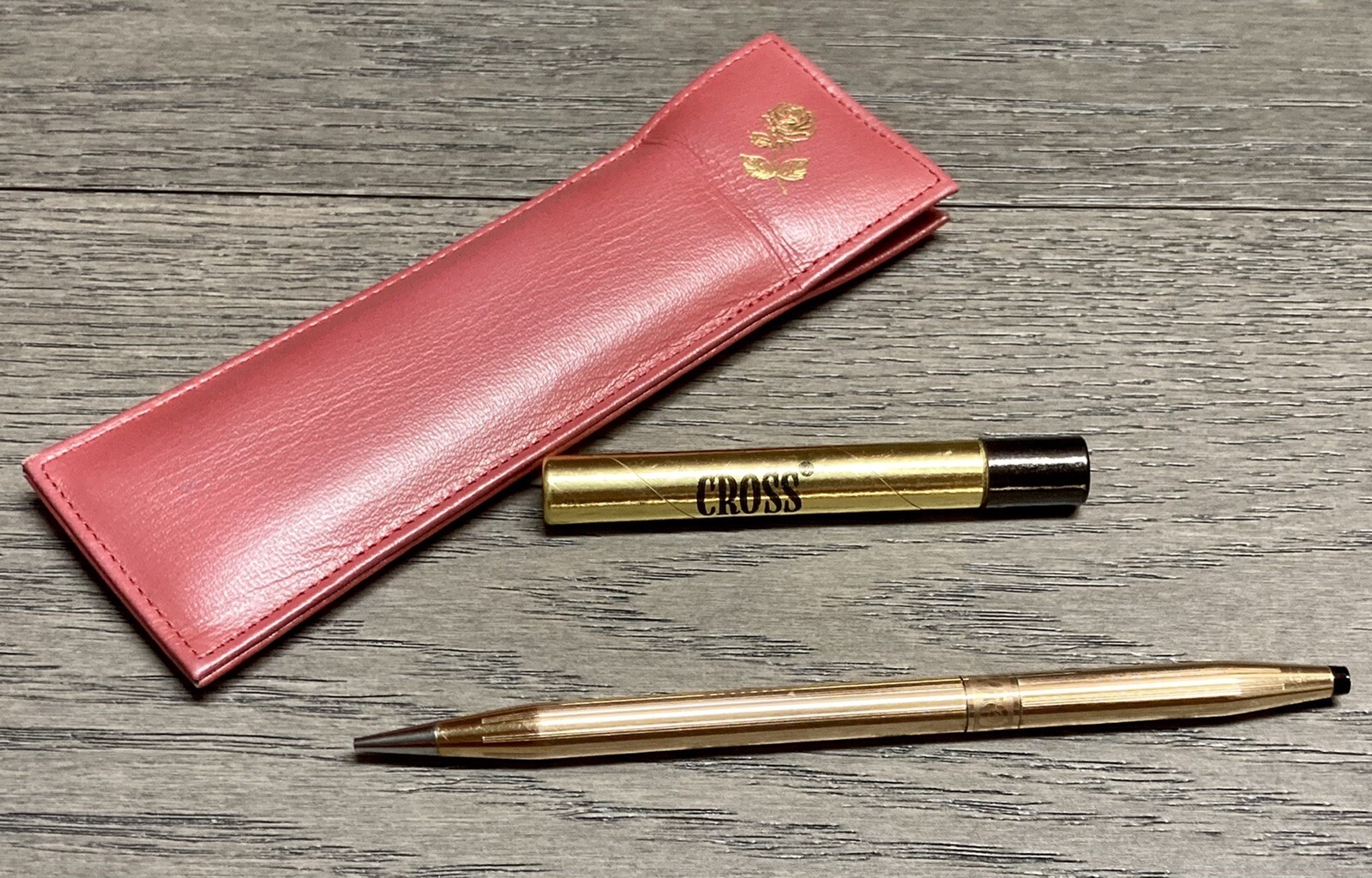 Vtg 14KGF CROSS Retractable Mechanical Pencil w/ Leather Rose Pink Case & Refill