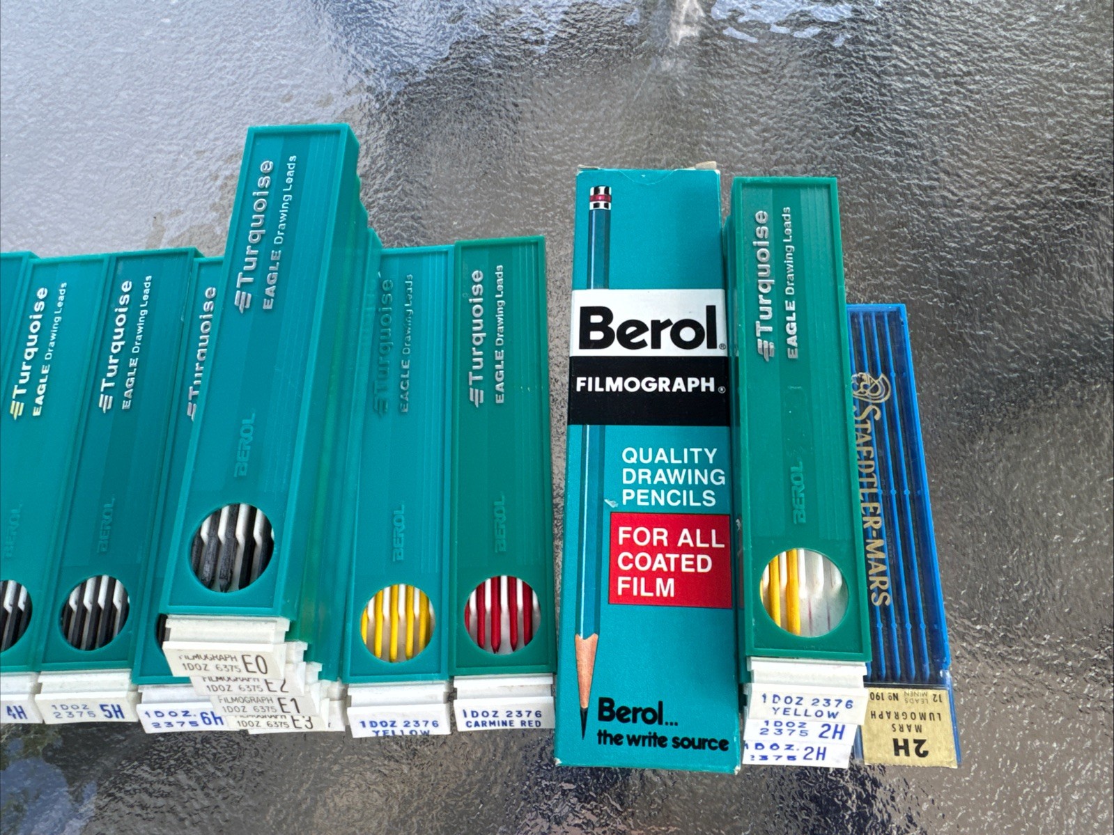 Lot Vintage Berol Turquoise Drawing Leads 21 Box F HB H 2H-6H E0-E4 Red Yellow