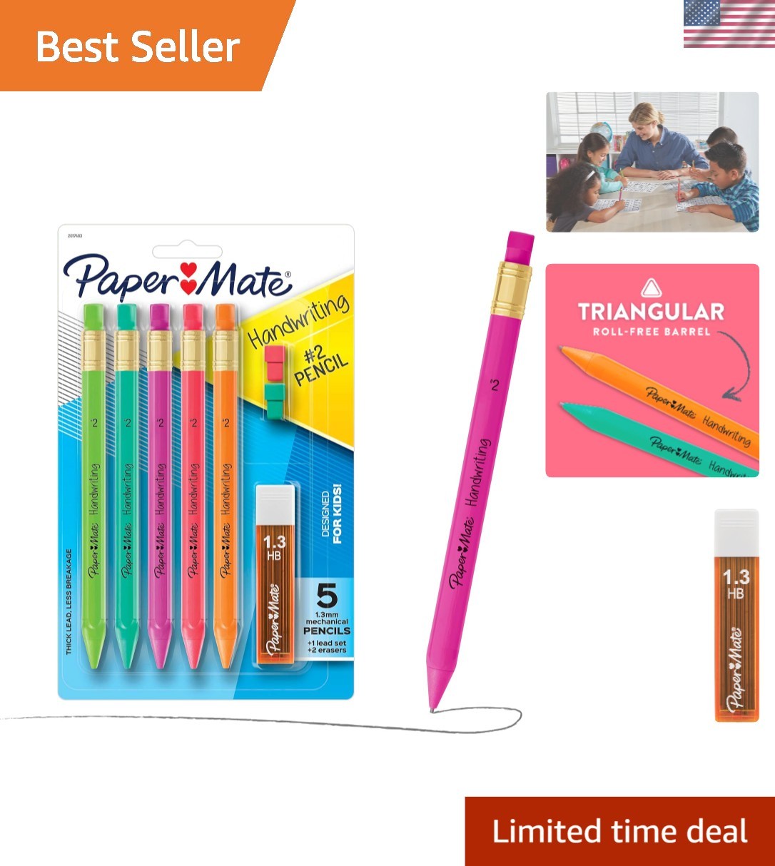 Handwriting Triangular Mechanical Pencils with Lead & Eraser Refills, 1.3mm, …