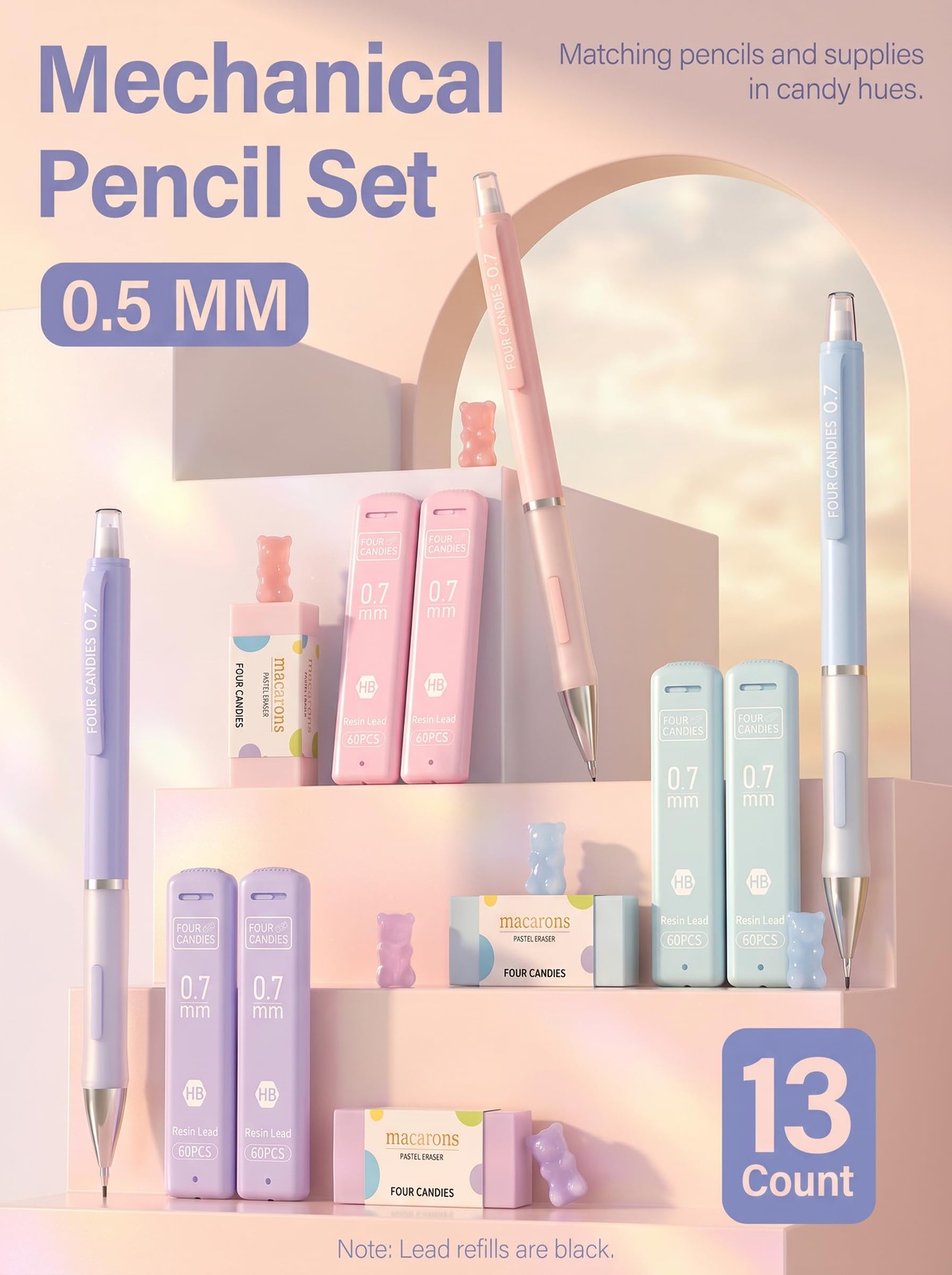 0.5mm Cute Mechanical Pencils Set 360 PCS Lead Refills Pastel Erasers Case