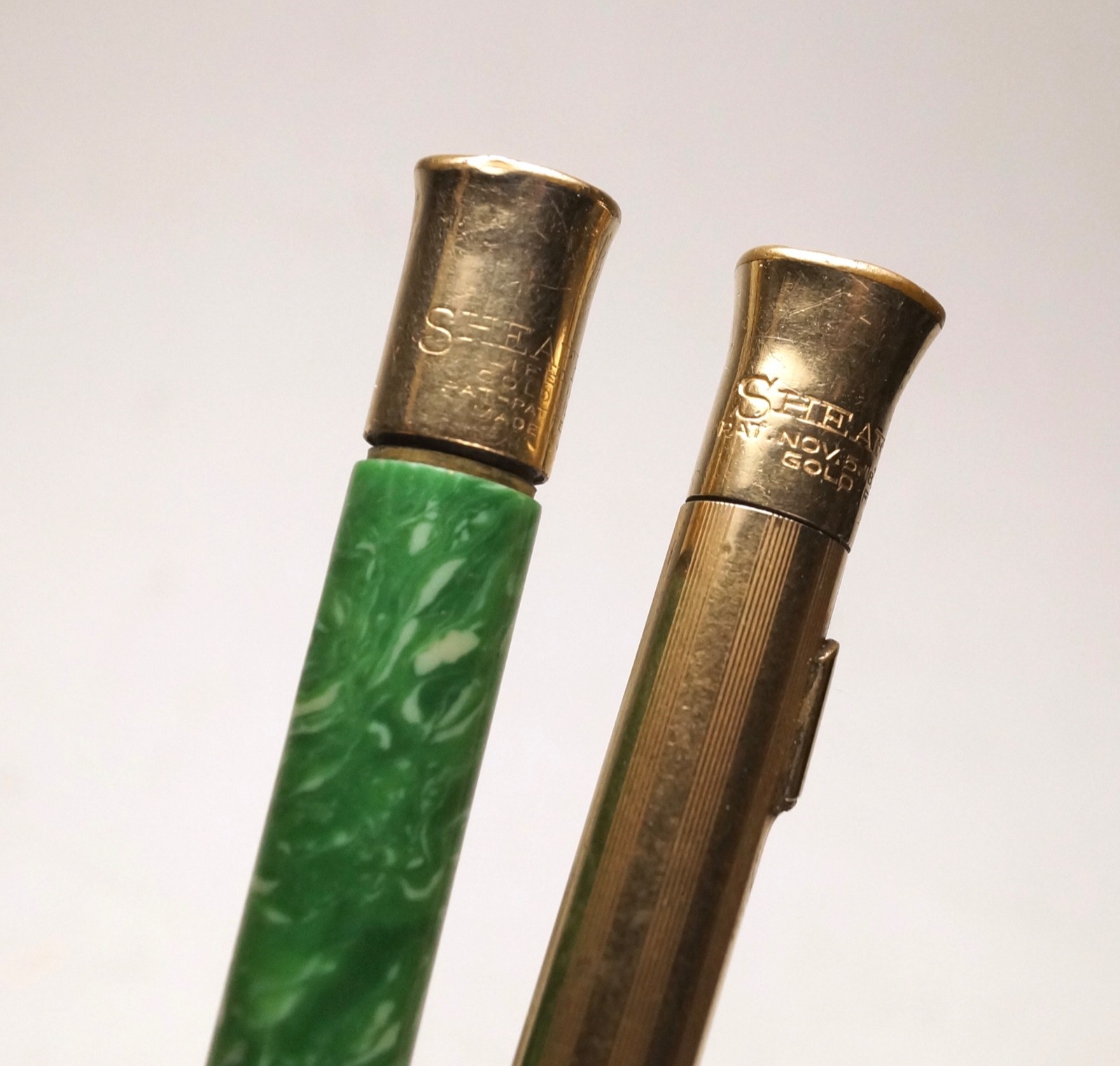 Sheaffer 1920s Crown Top Pencils, Lot of 2, Jade Green, Gold Filled For Parts