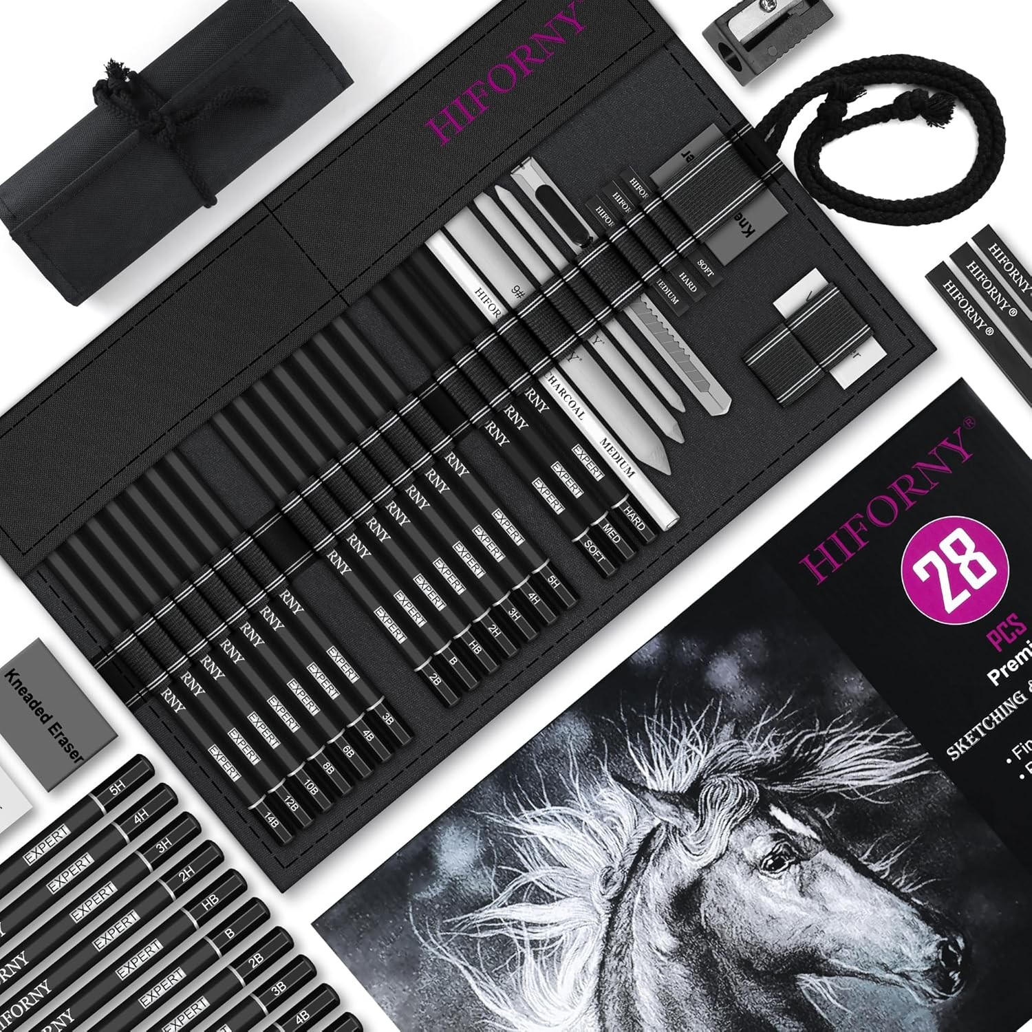 HIFORNY 28 PCS Sketching Drawing Pencil 1 Count (Pack of 28), Black