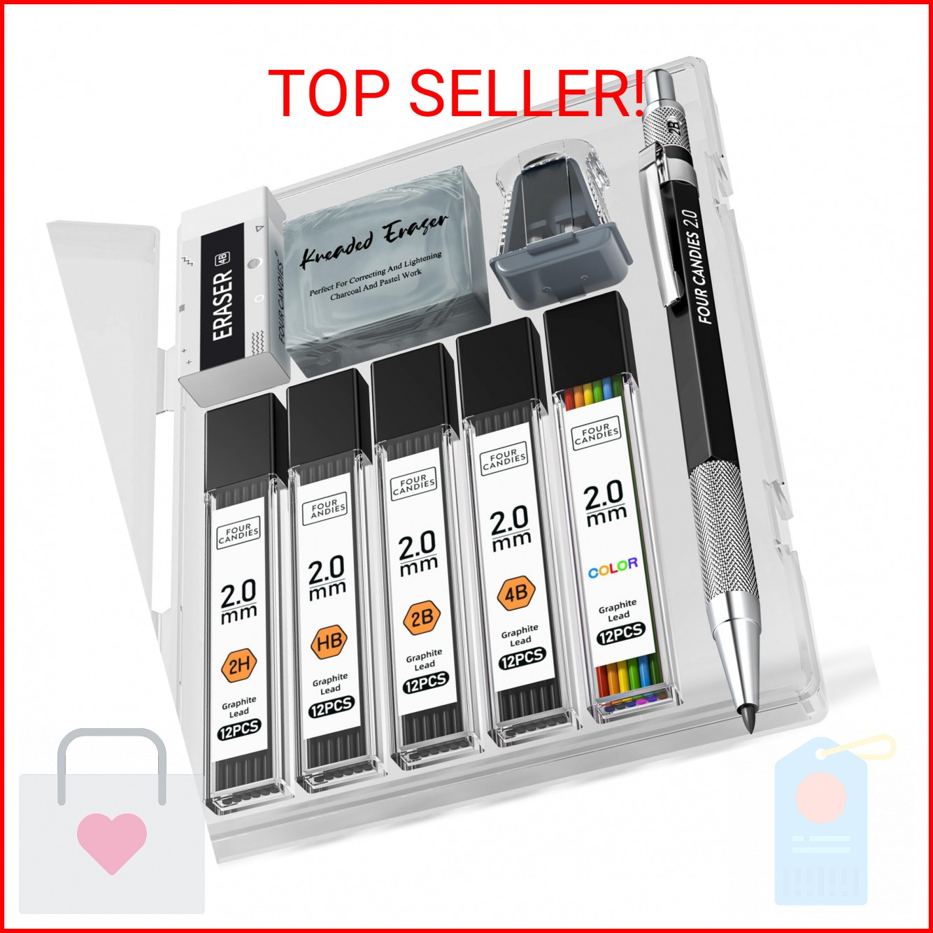 Four Candies 2MM Mechanical Pencil Set with case, Artist Led Pencil Metal Lead H