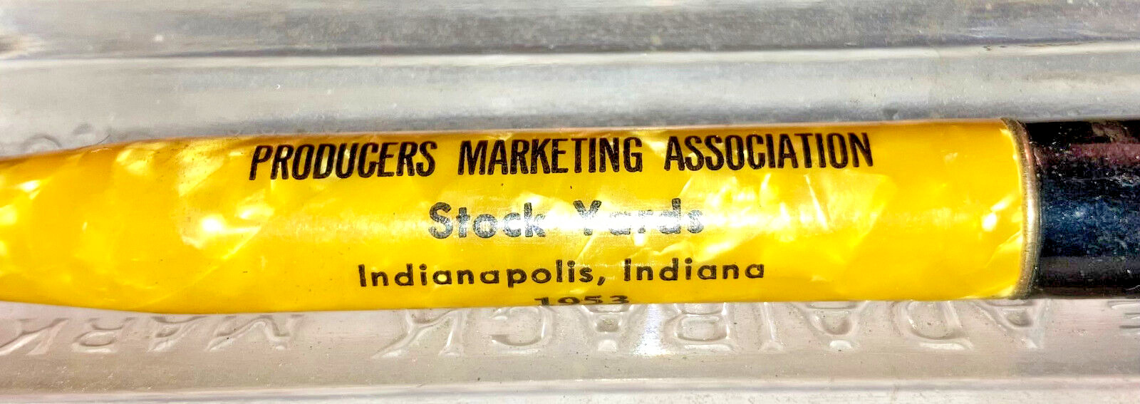 Vintage RITEPOINT Adv. Mech. Pencil-1953-5.25″ Indianapolis Stockyrd White Mrbld