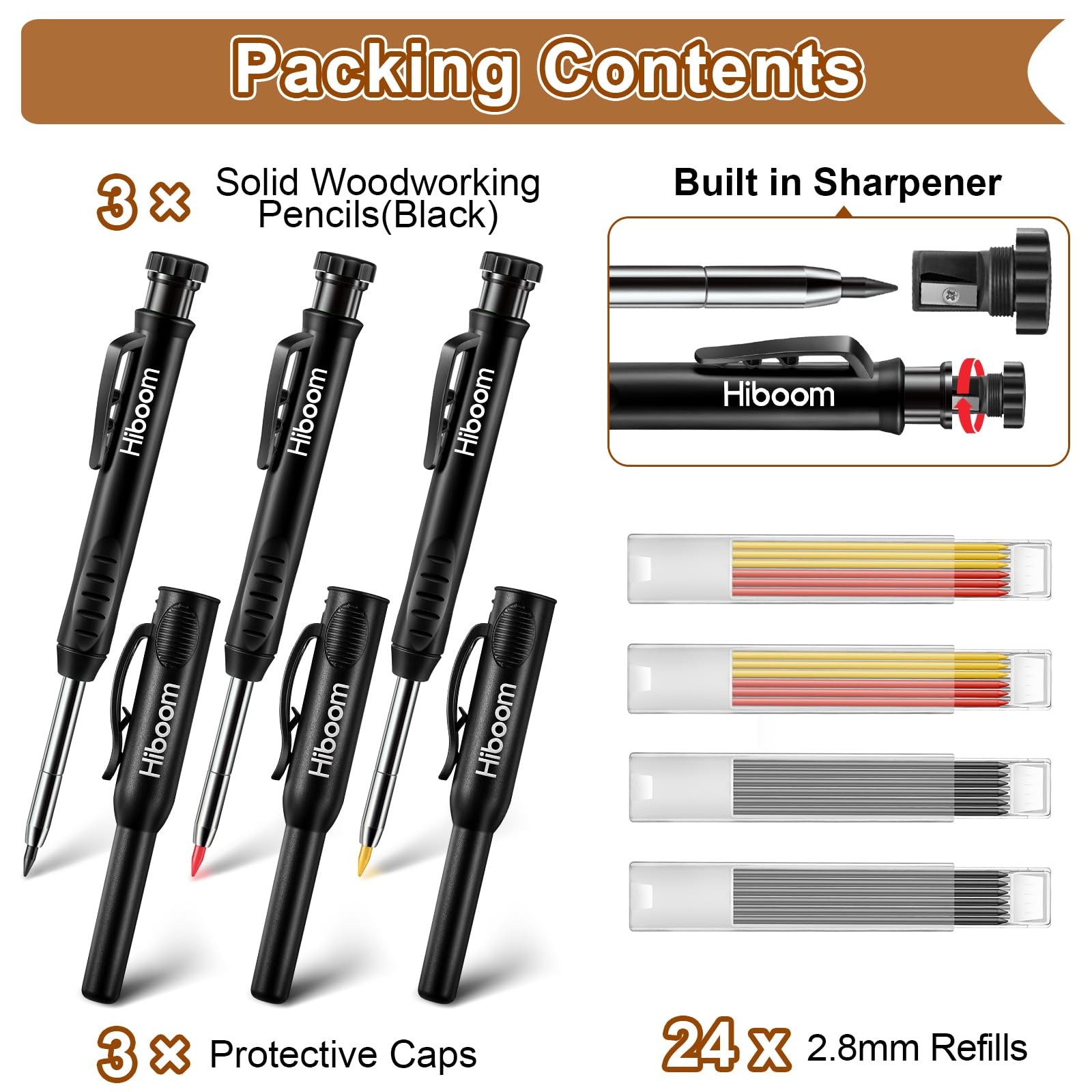Hiboom 3 Pack Carpenter Pencil with 24 Refills (Red, Black, Yellow), Black