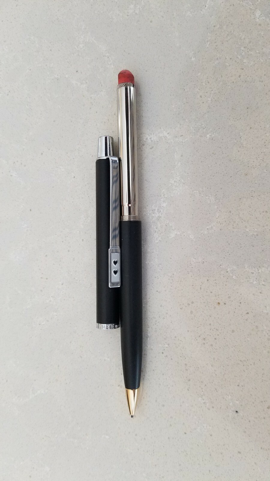 Vintage Black Matte Double Heart Paper Mate Working Mech Pencil, 0.09 mm lead.
