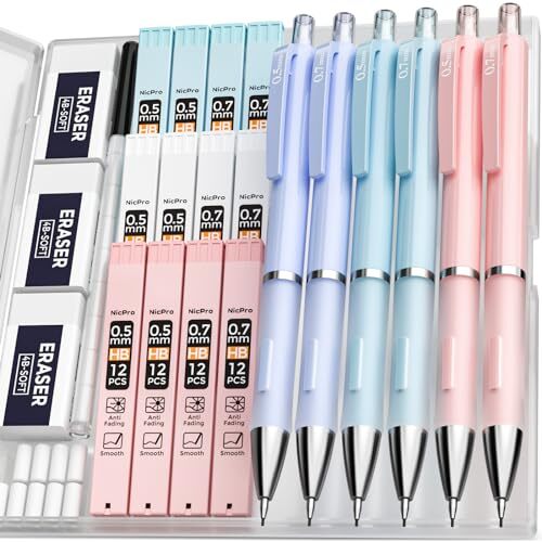 6PCS Pastel Mechanical Pencil Set with 12 tubes HB Lead Refills, 0.5 & 0.7 mm
