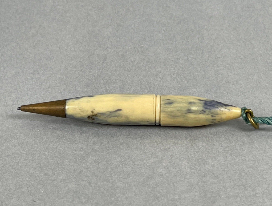 Milky Cream & Teal Polished Brass Trim Ring-Top Working Pencil