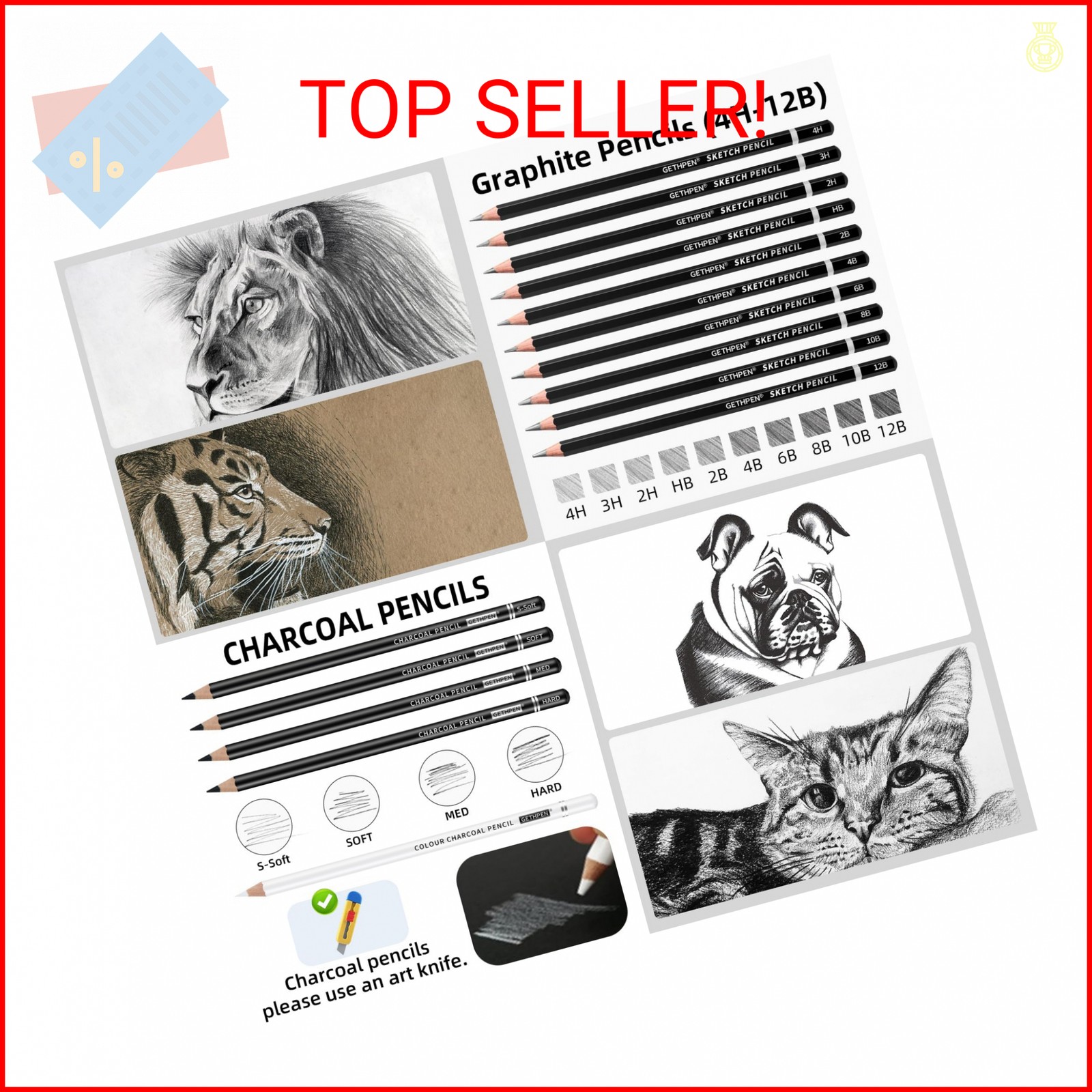 Drawing Sketching Pencil Set, 24 Piece Pro Artist Sketch Kit – Graphite Pencils