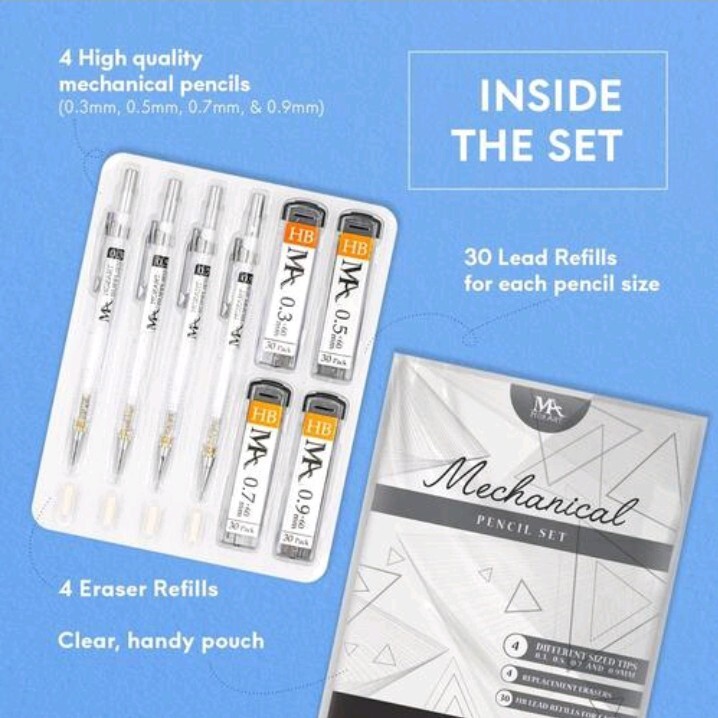 MozArt Supplies® Mechanical Pencil Set – 4 Sizes: 0.3, 0.5, 0.7 & 0.9mm + Refill