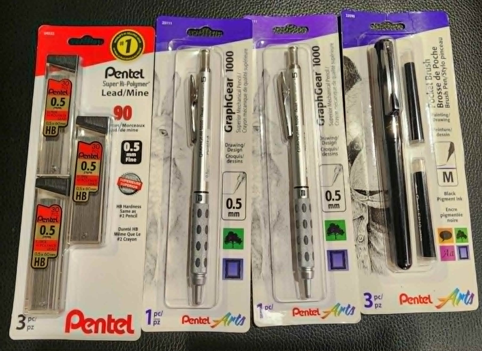 Pentel GraphGear 1000 Mechanical Pencil (2) 0.5mm + Lead +brush pen Bundle NEW