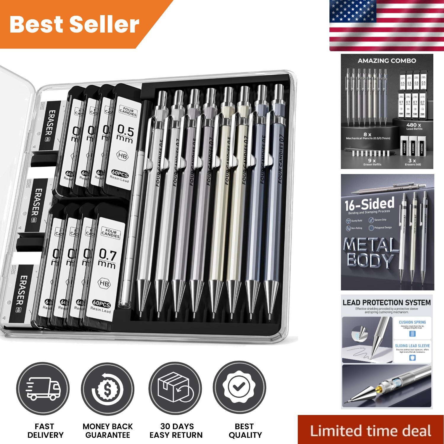 Professional 8 Piece Metal Mechanical Pencil Set for Writing, Drawing & Drafting